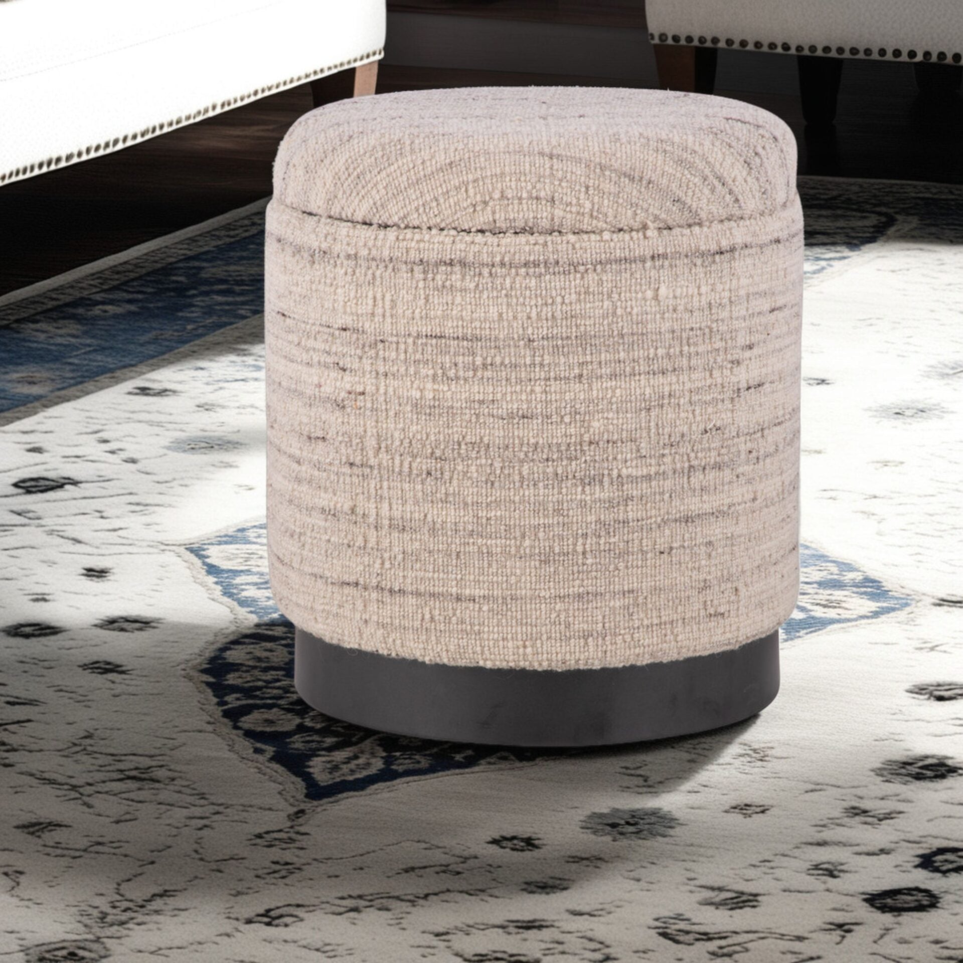 Natural Grey Solid Handwoven Storage Ottoman with Matte Black Metal Base