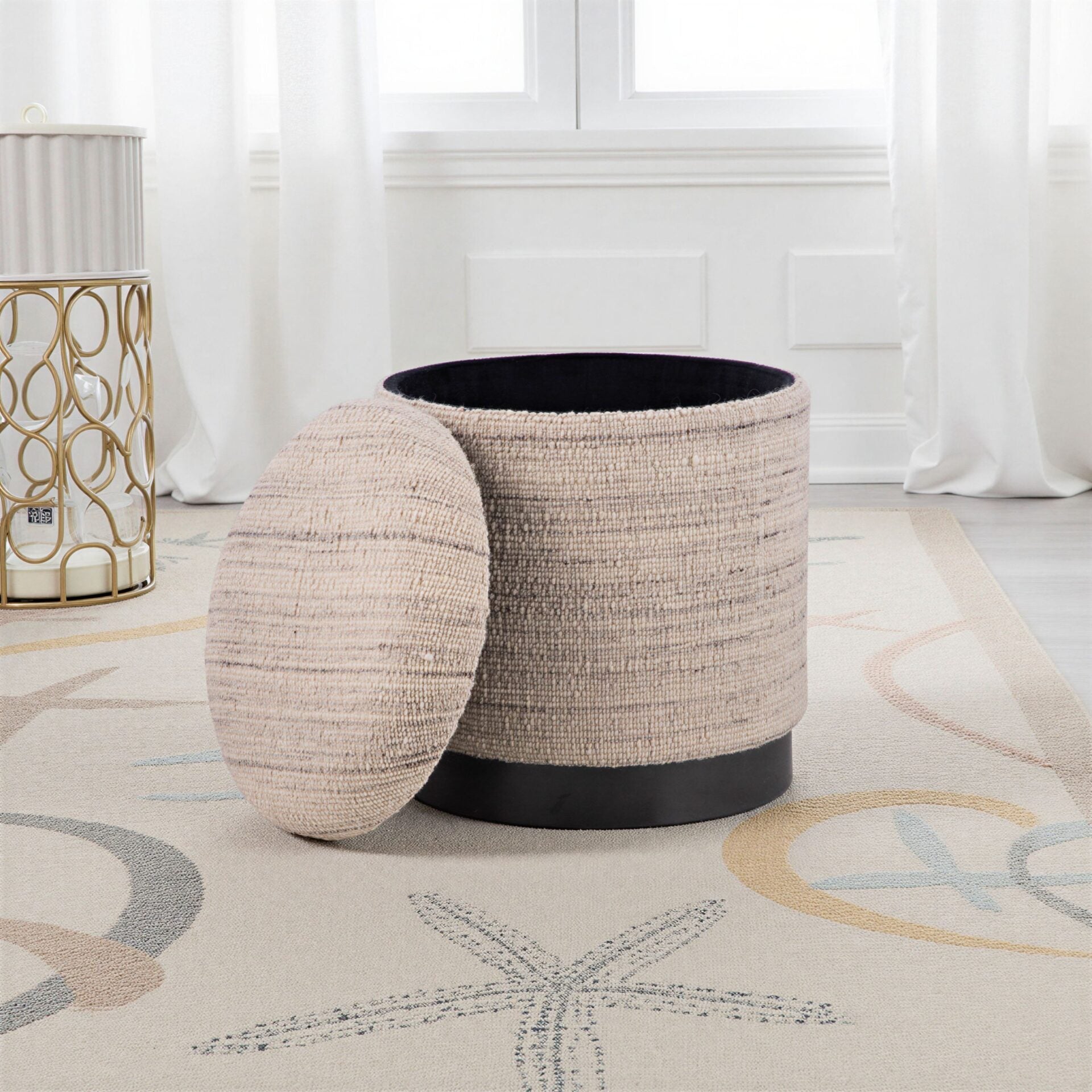 Natural Grey Solid Handwoven Storage Ottoman with Matte Black Metal Base