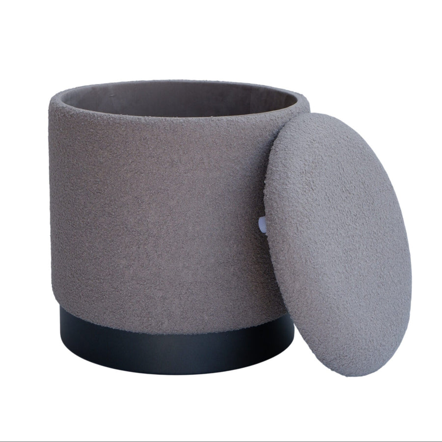Silver Solid Handwoven Storage Ottoman with Matte Black Metal Base