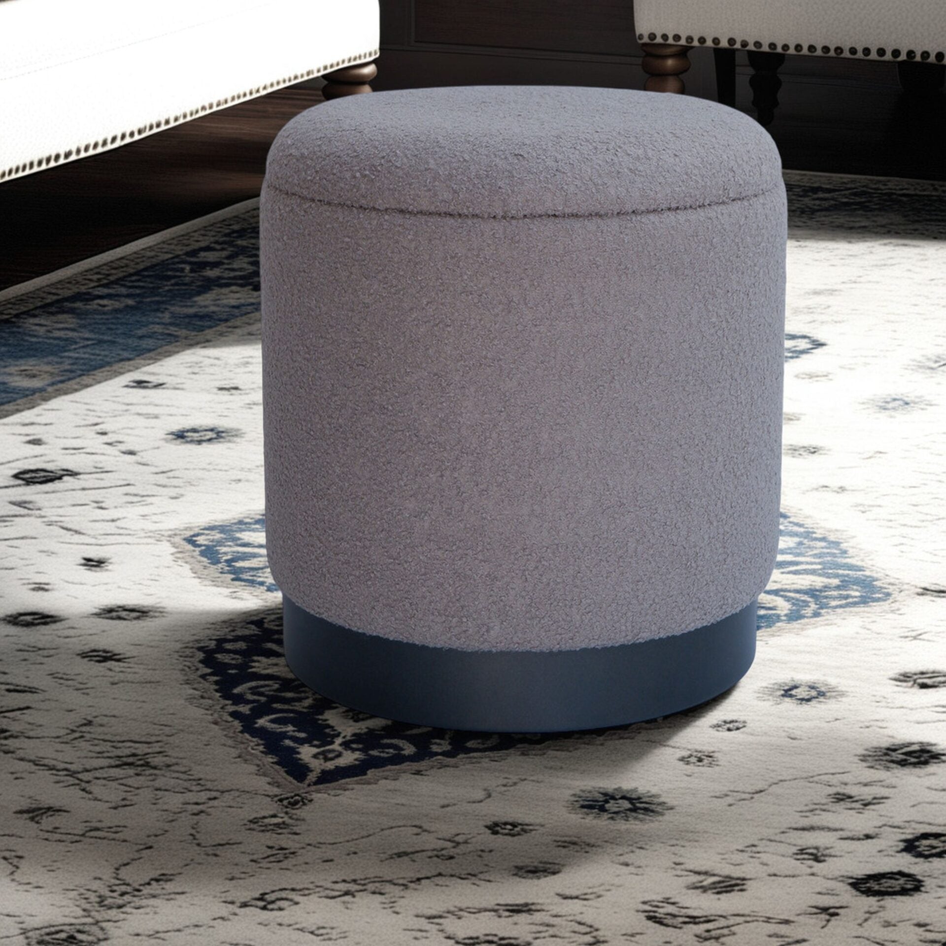 Silver Solid Handwoven Storage Ottoman with Matte Black Metal Base