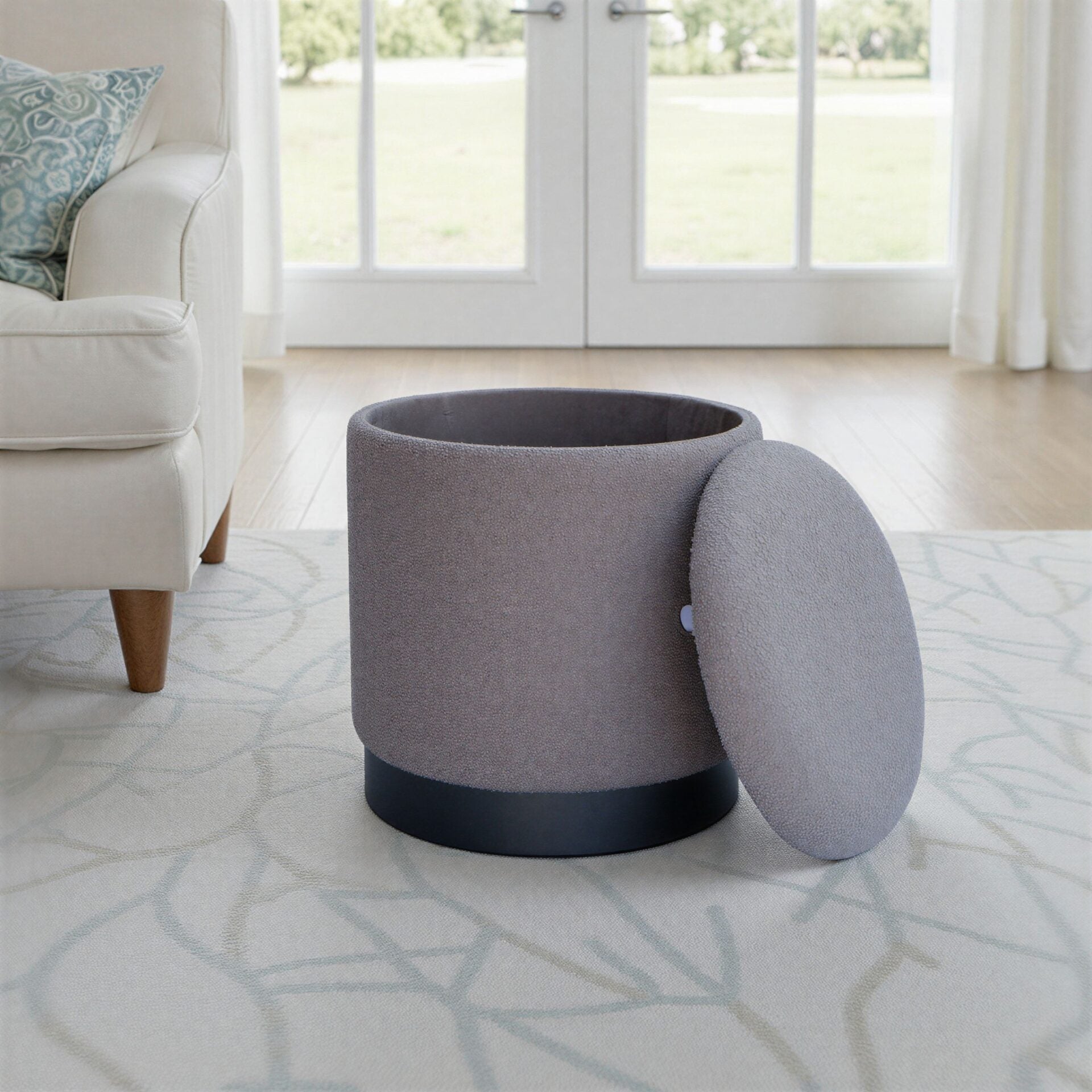 Silver Solid Handwoven Storage Ottoman with Matte Black Metal Base
