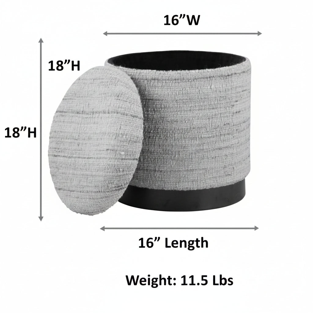 Silver Solid Handwoven Storage Ottoman with Matte Black Metal Base