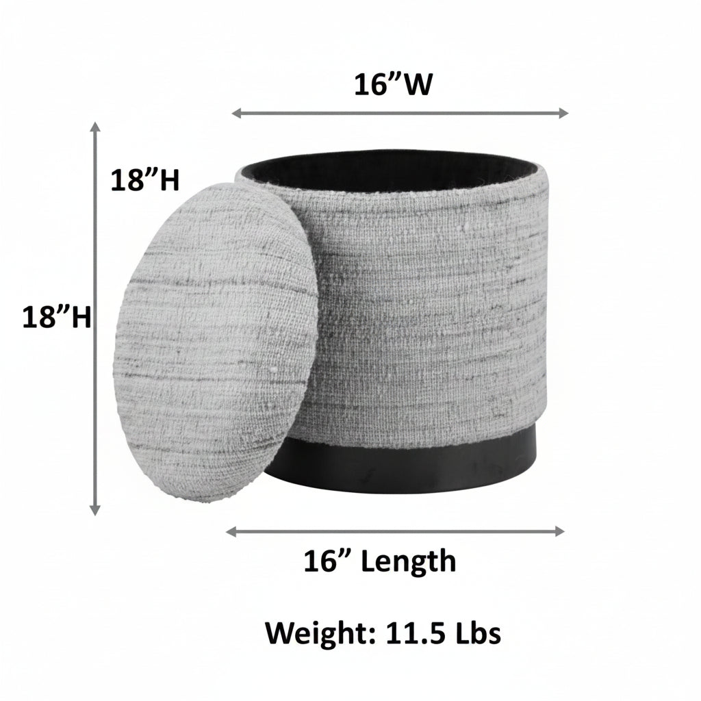 Ivory & Grey Stripe Handwoven Storage Ottoman with Hammered Metal Base