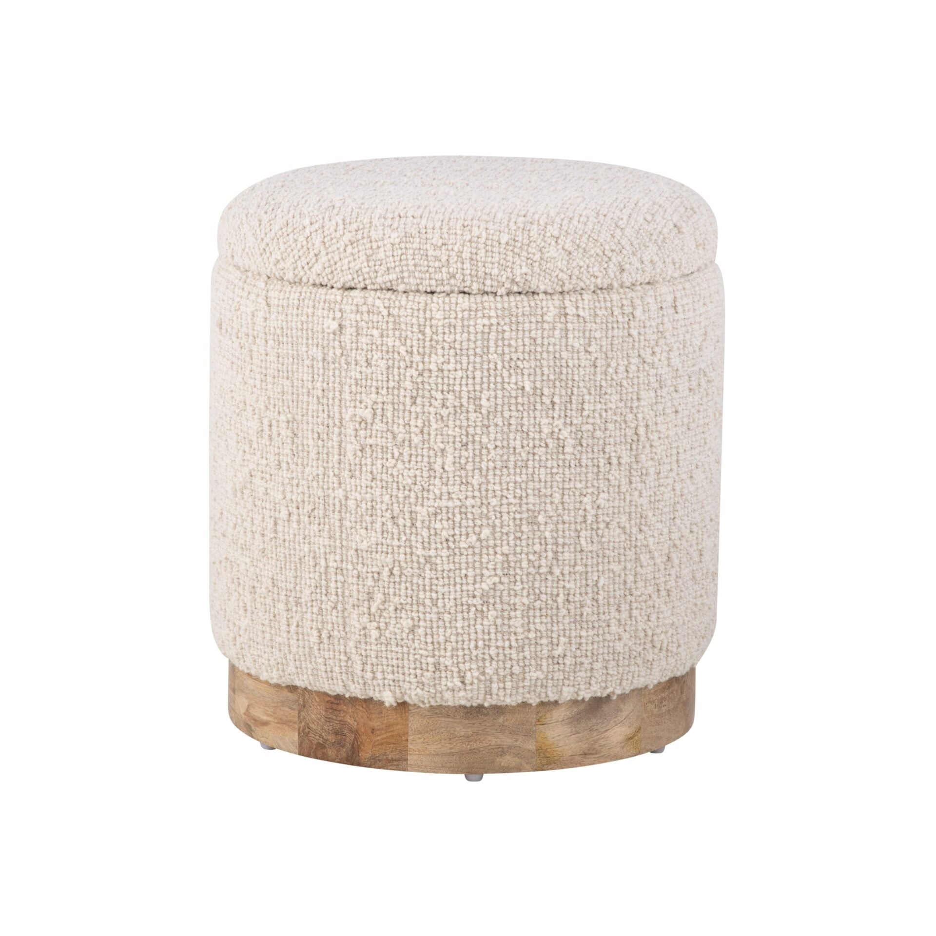 Ecru Solid Handwoven Storage Ottoman with Rounded Wooden Base
