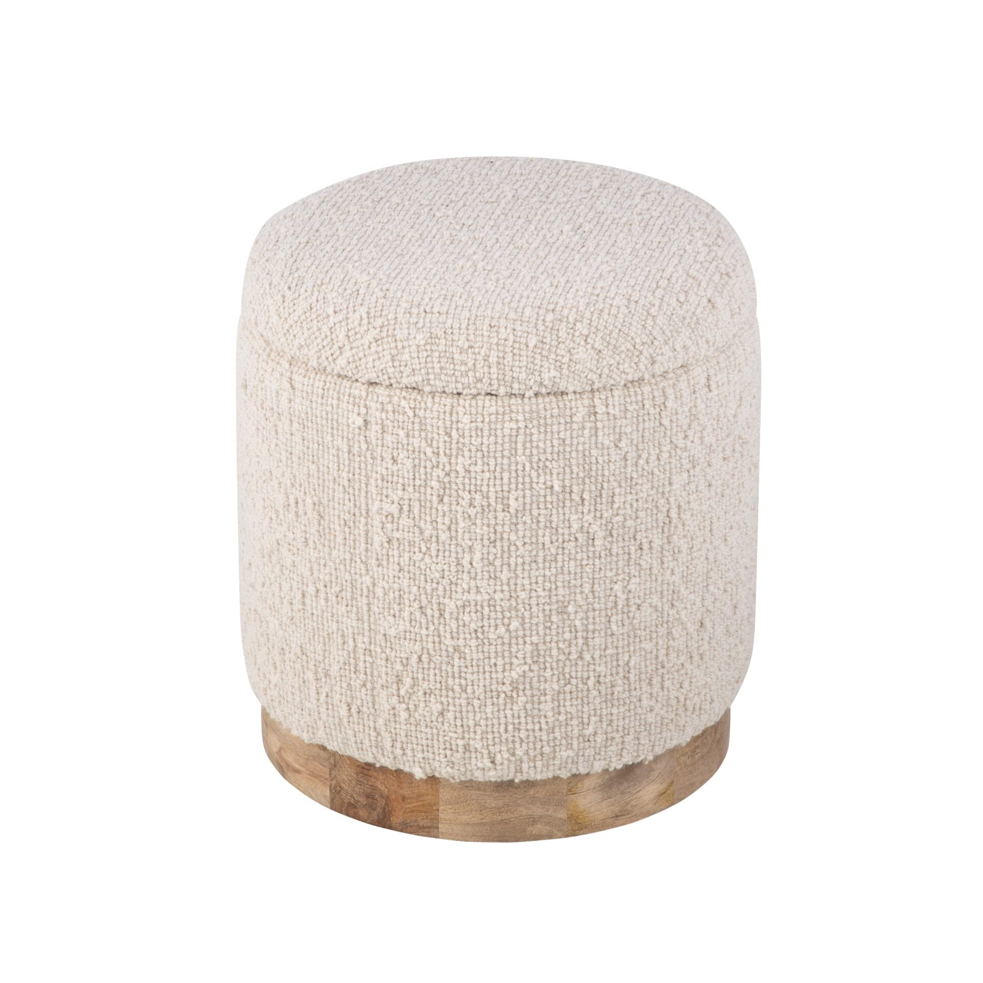 Ecru Solid Handwoven Storage Ottoman with Rounded Wooden Base