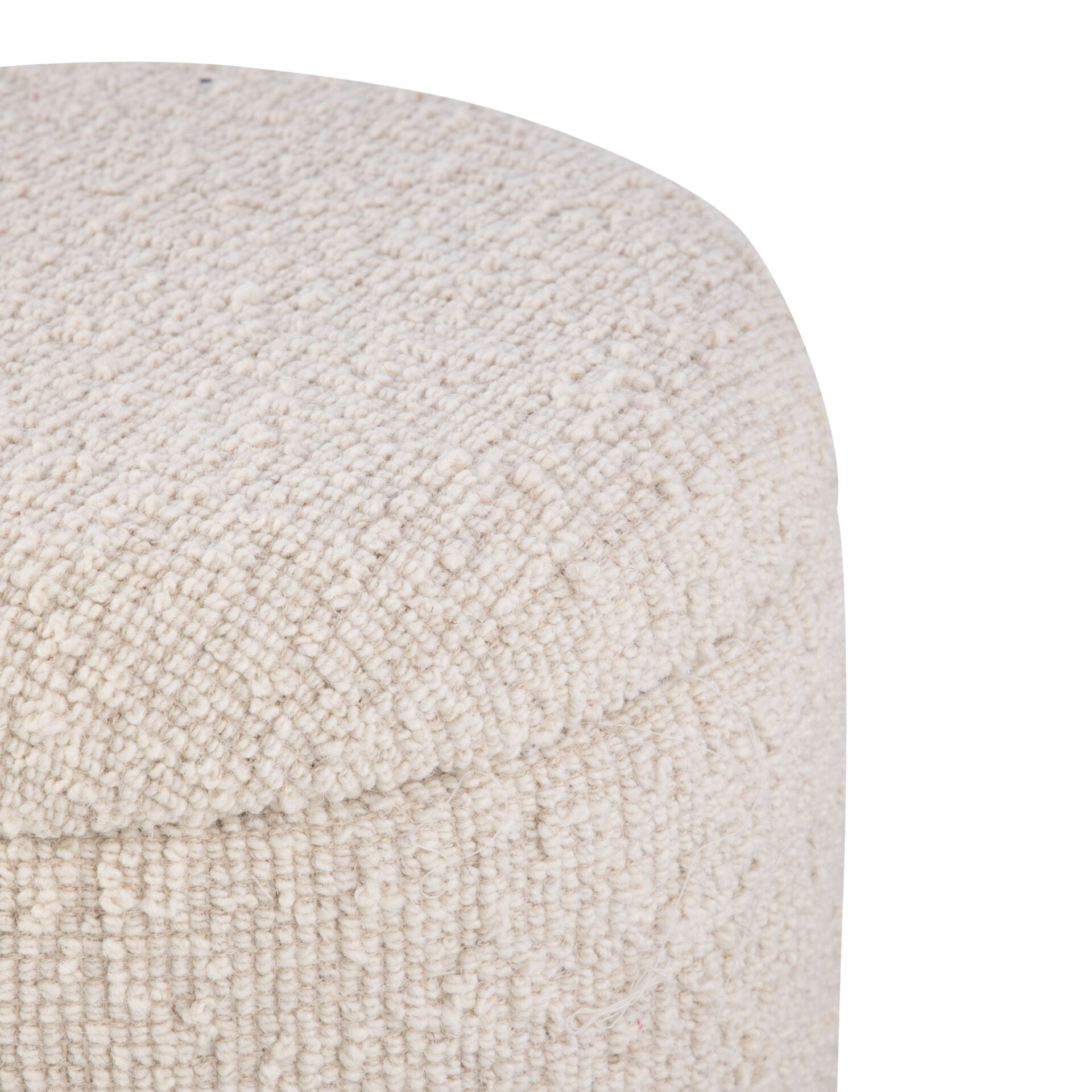 Ecru Solid Handwoven Storage Ottoman with Rounded Wooden Base