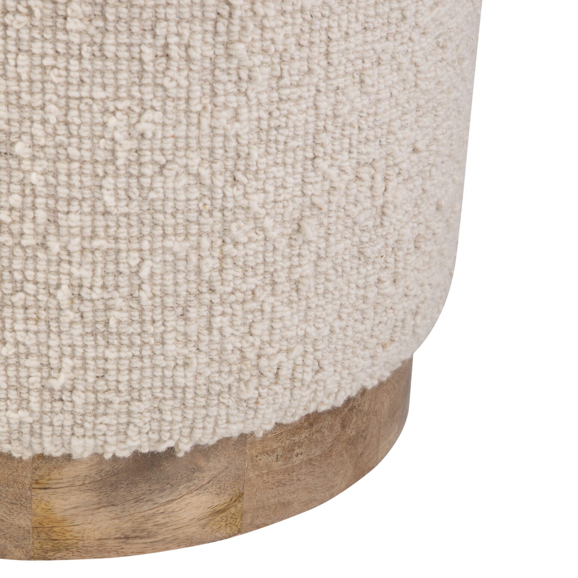 Ecru Solid Handwoven Storage Ottoman with Rounded Wooden Base