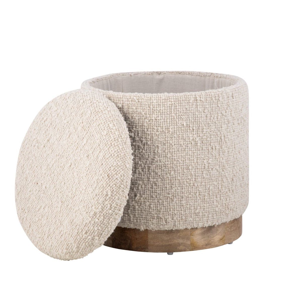 Ecru Solid Handwoven Storage Ottoman with Rounded Wooden Base