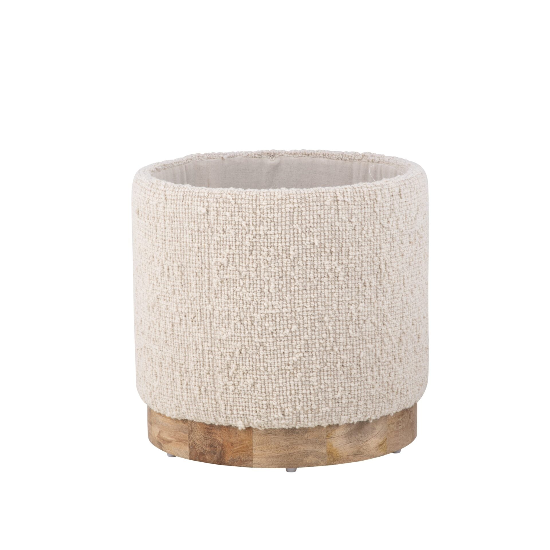 Ecru Solid Handwoven Storage Ottoman with Rounded Wooden Base