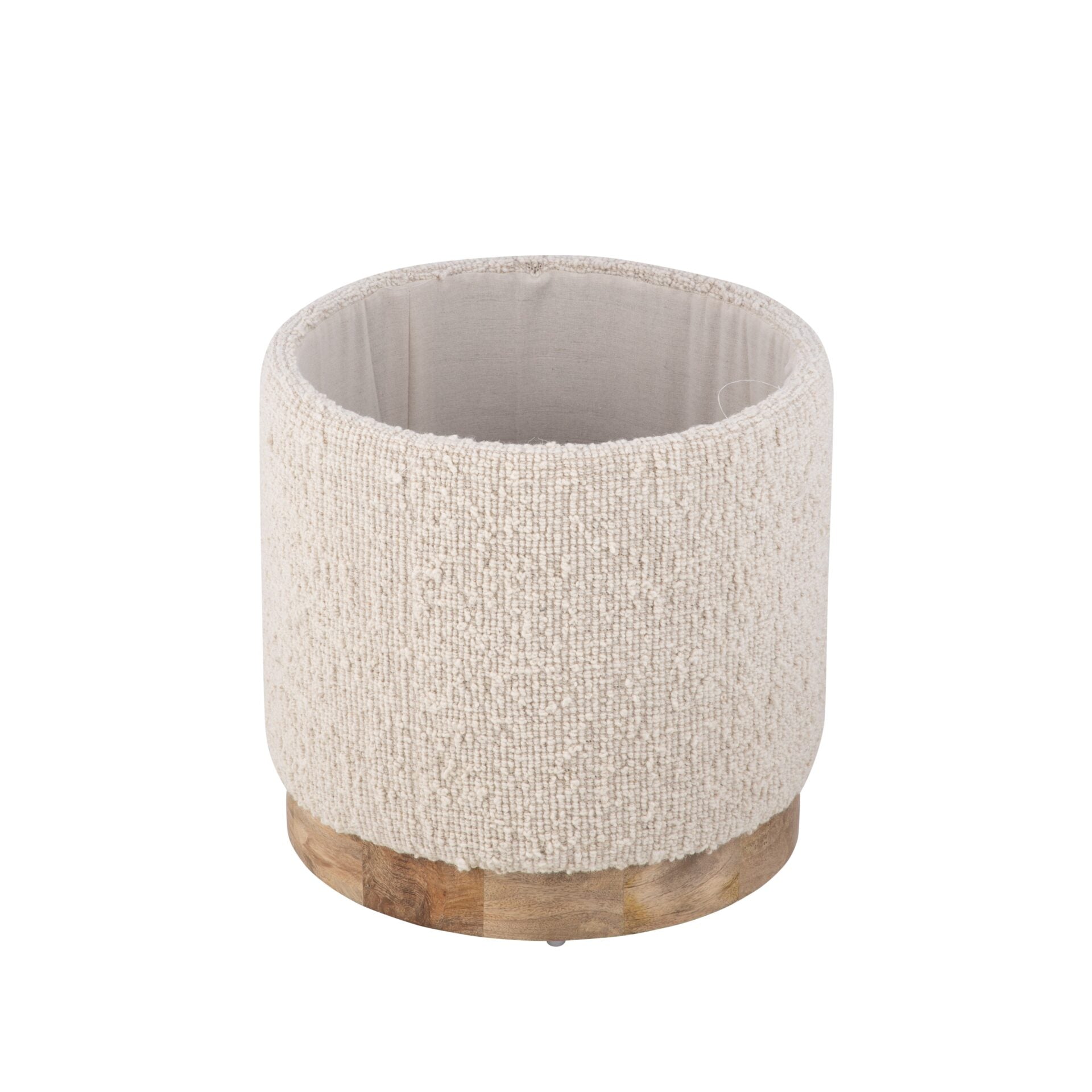 Ecru Solid Handwoven Storage Ottoman with Rounded Wooden Base