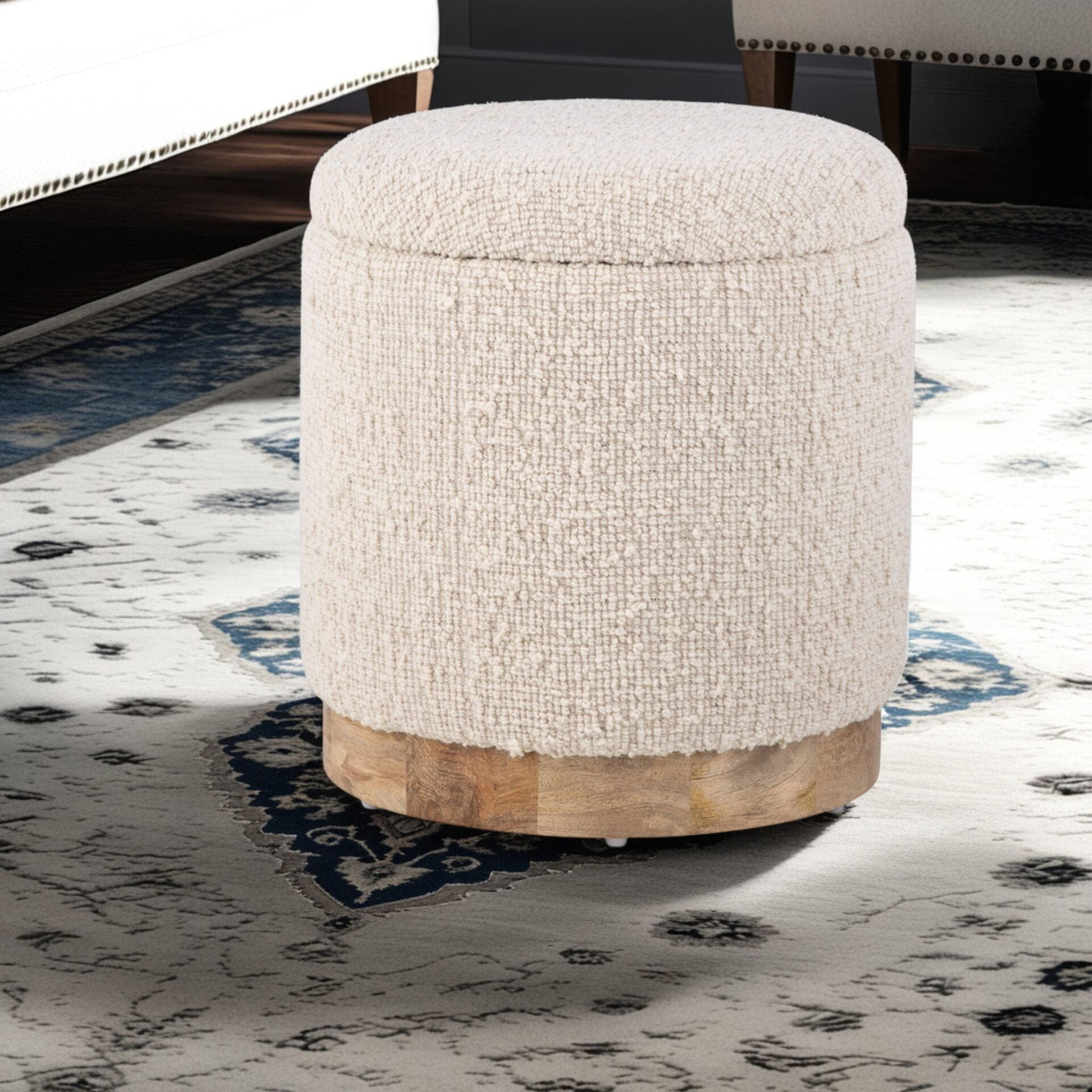 Ecru Solid Handwoven Storage Ottoman with Rounded Wooden Base