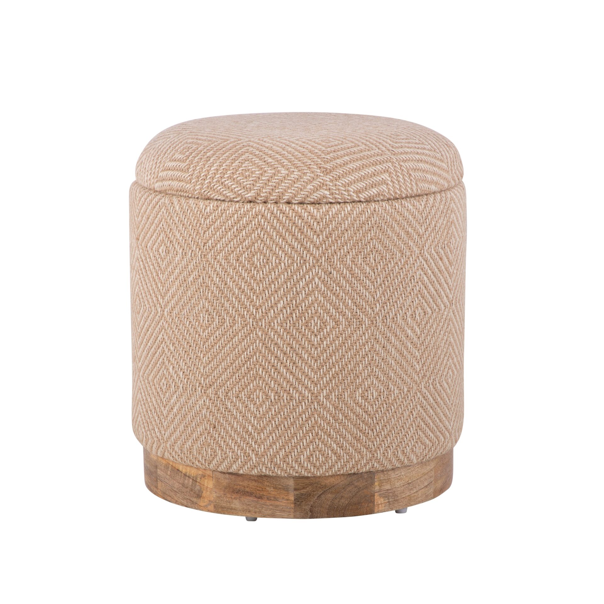 Natural Jute Diamond Handwoven Storage Ottoman with Rounded Wooden Base