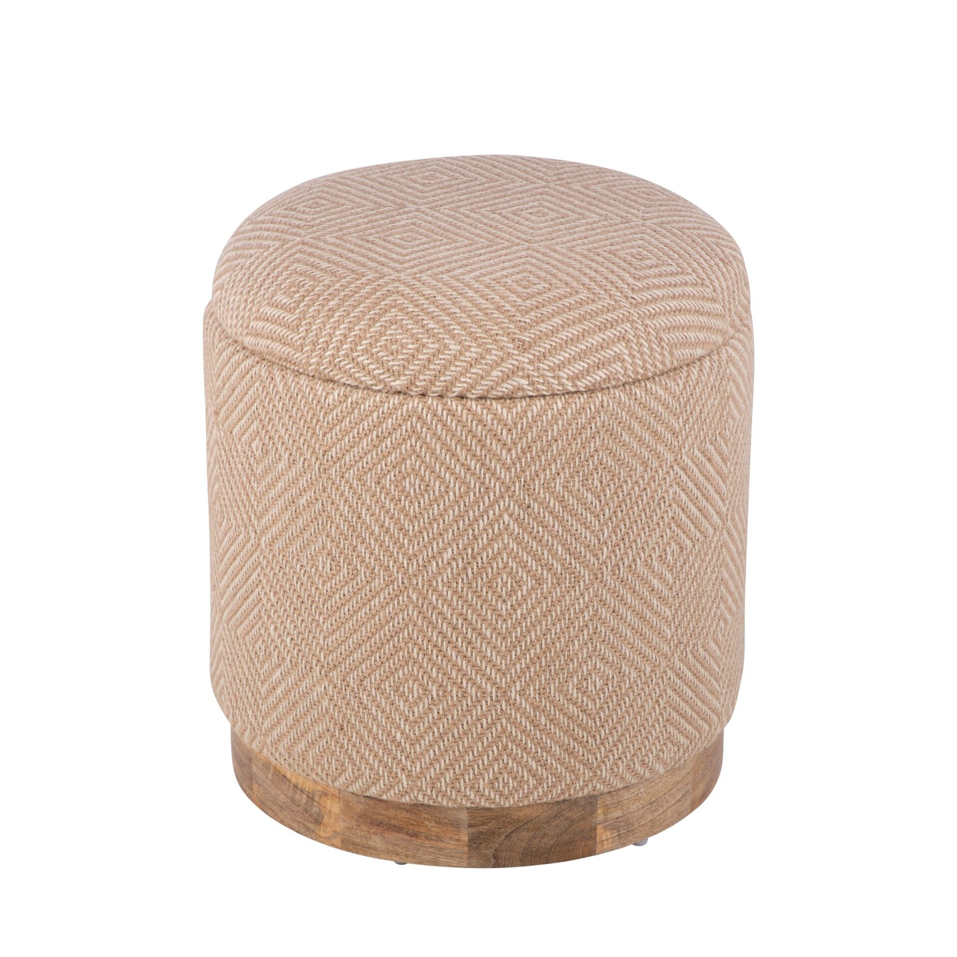 Natural Jute Diamond Handwoven Storage Ottoman with Rounded Wooden Base