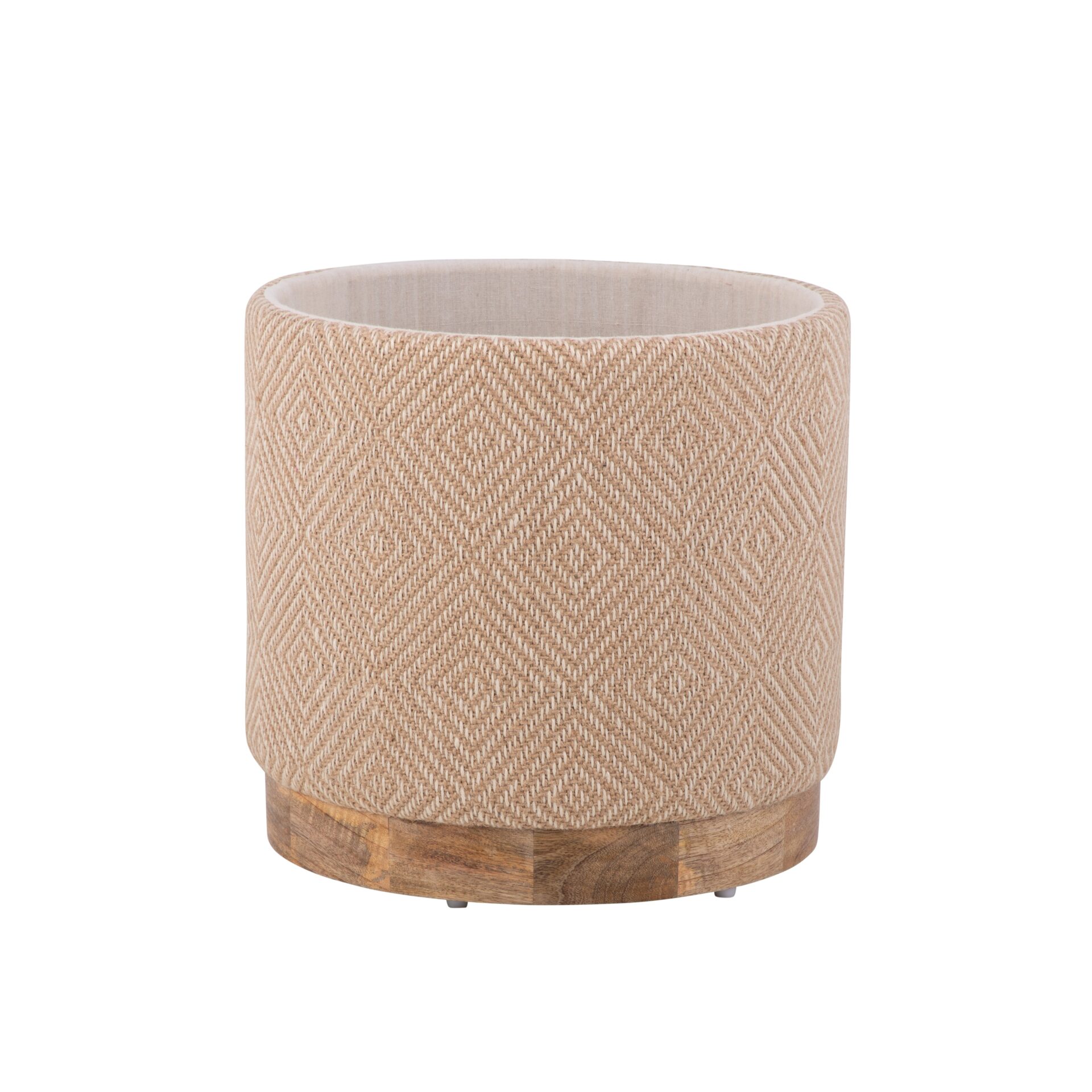 Natural Jute Diamond Handwoven Storage Ottoman with Rounded Wooden Base