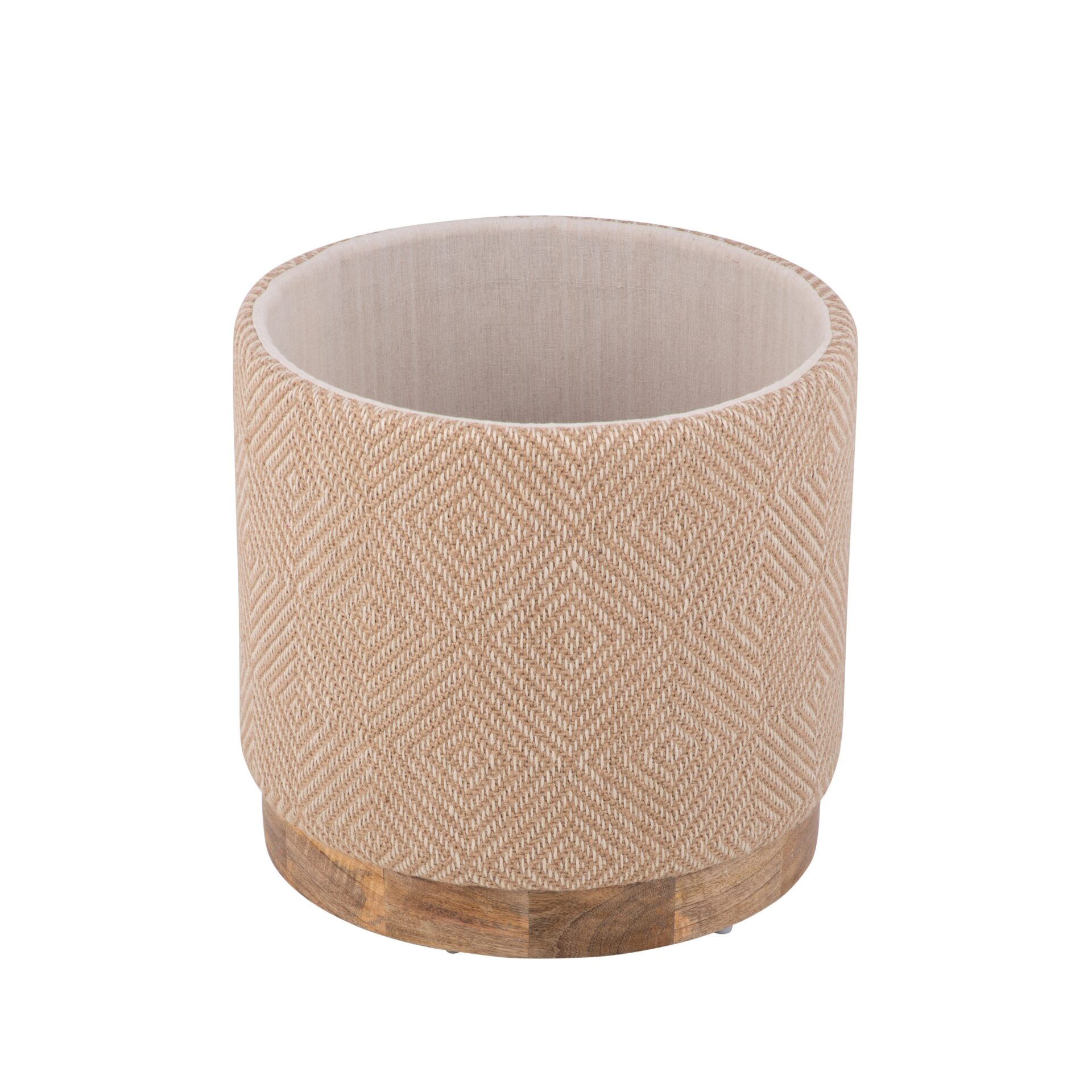 Natural Jute Diamond Handwoven Storage Ottoman with Rounded Wooden Base