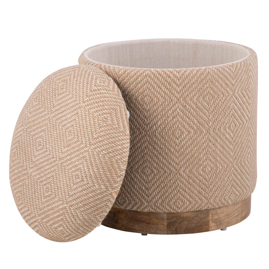 Natural Jute Diamond Handwoven Storage Ottoman with Rounded Wooden Base