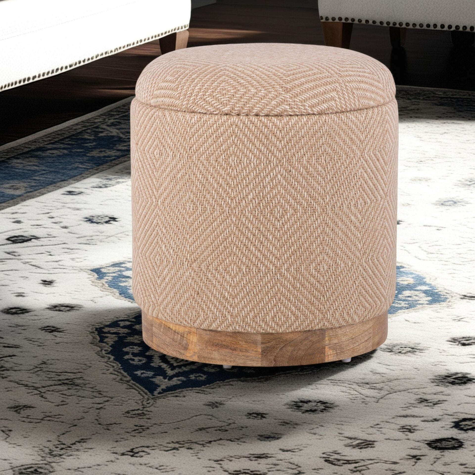 Natural Jute Diamond Handwoven Storage Ottoman with Rounded Wooden Base