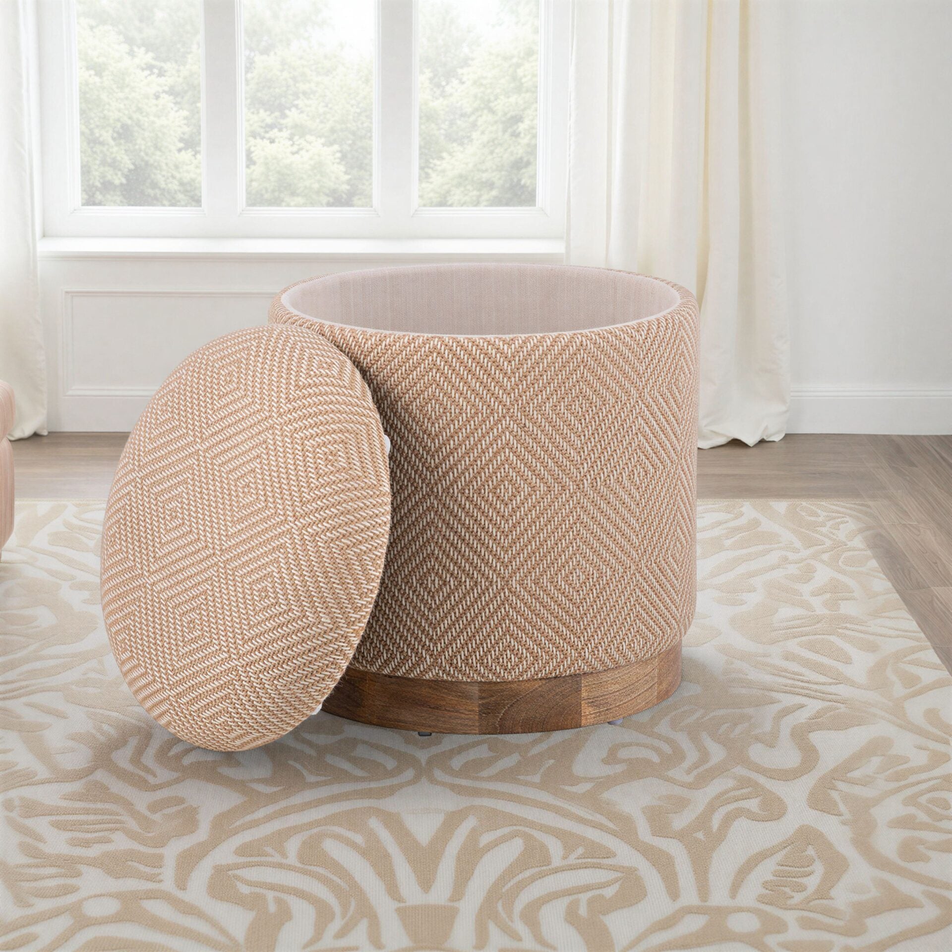 Natural Jute Diamond Handwoven Storage Ottoman with Rounded Wooden Base