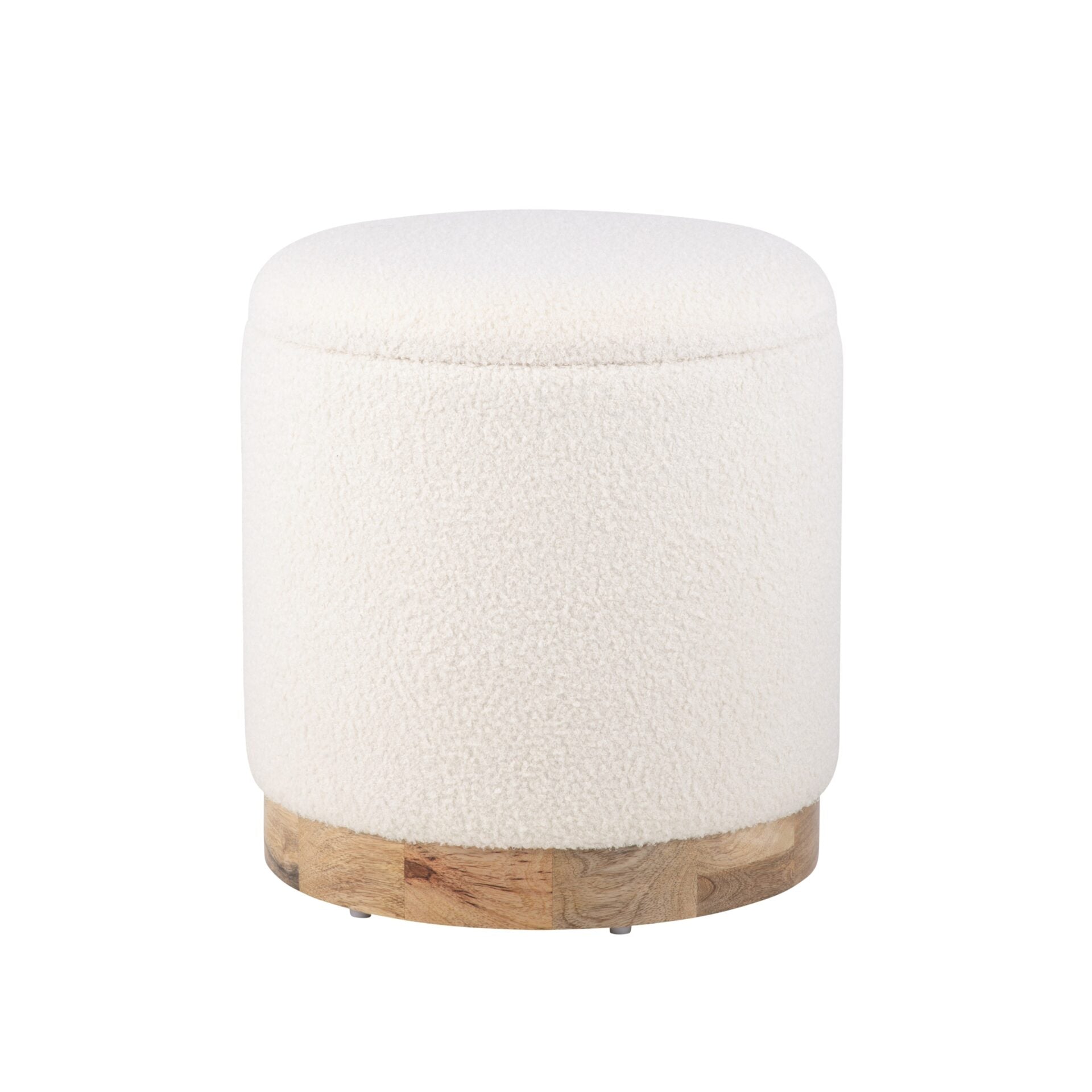 Modern Ecru Solid Handwoven Storage Ottoman with Rounded Wooden Base