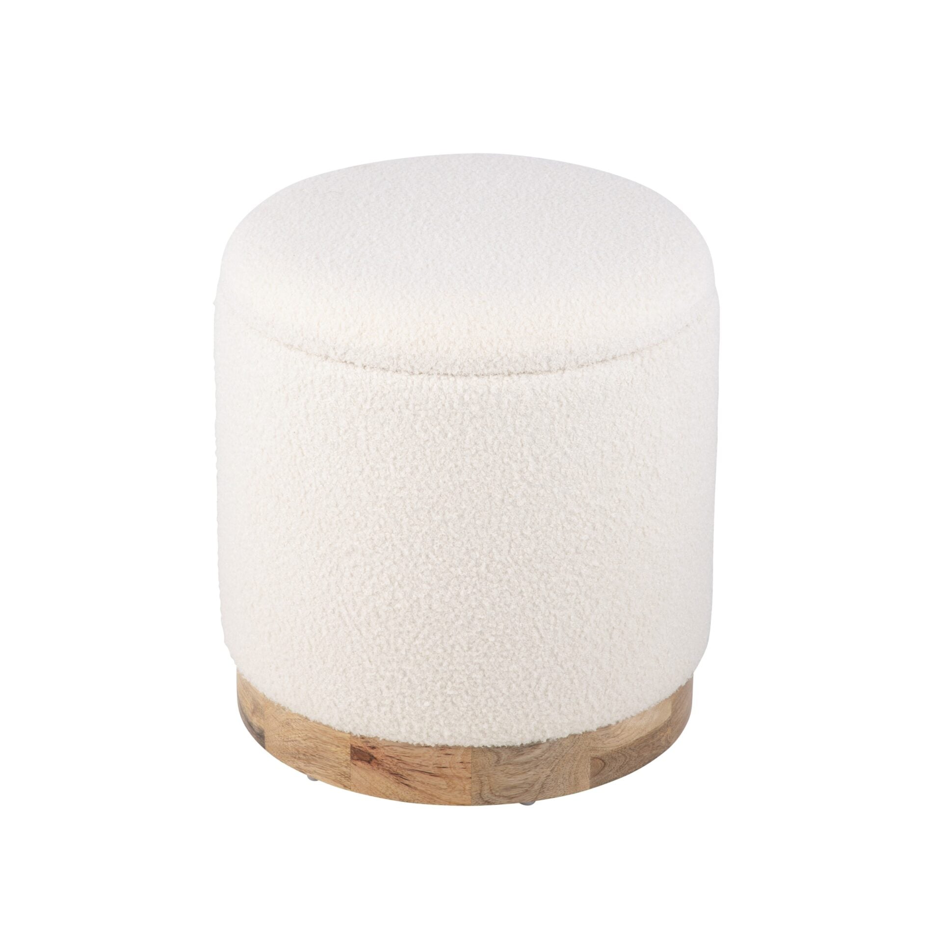 Modern Ecru Solid Handwoven Storage Ottoman with Rounded Wooden Base