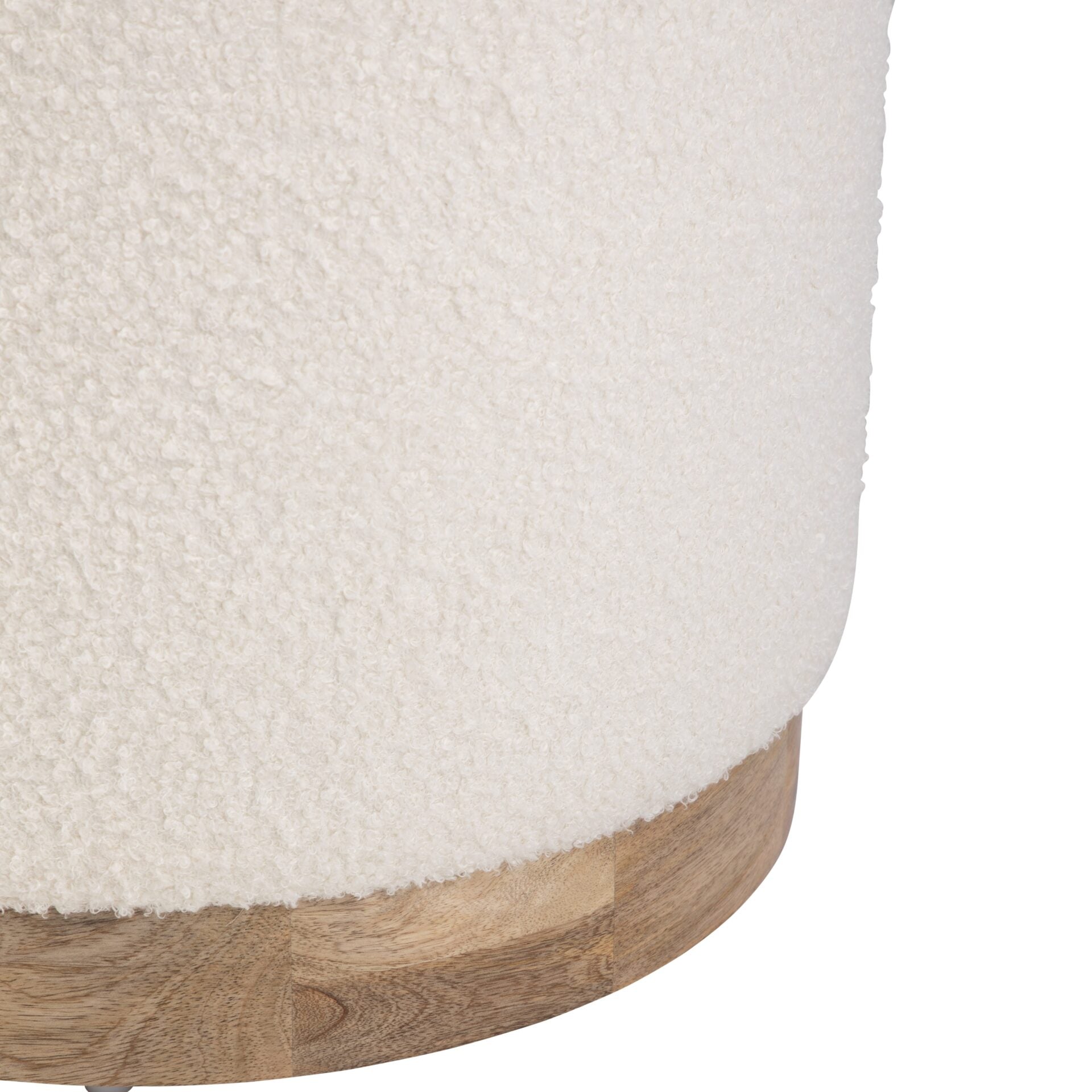 Modern Ecru Solid Handwoven Storage Ottoman with Rounded Wooden Base