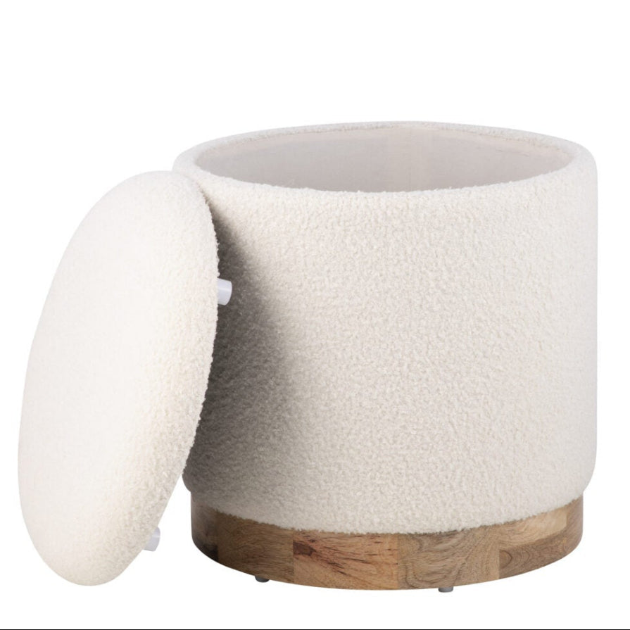Modern Ecru Solid Handwoven Storage Ottoman with Rounded Wooden Base