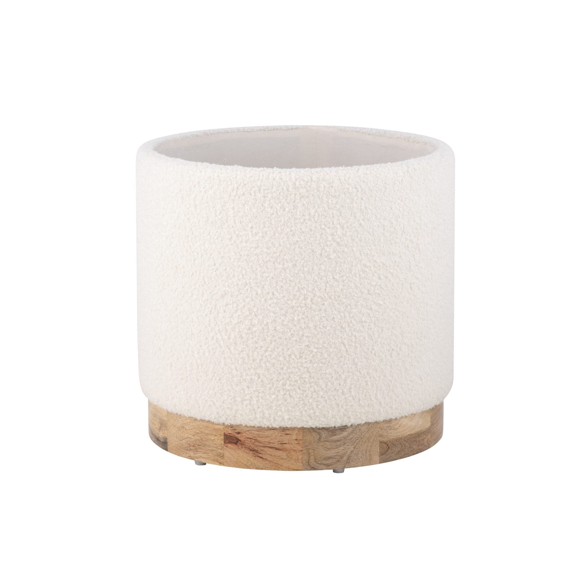 Modern Ecru Solid Handwoven Storage Ottoman with Rounded Wooden Base