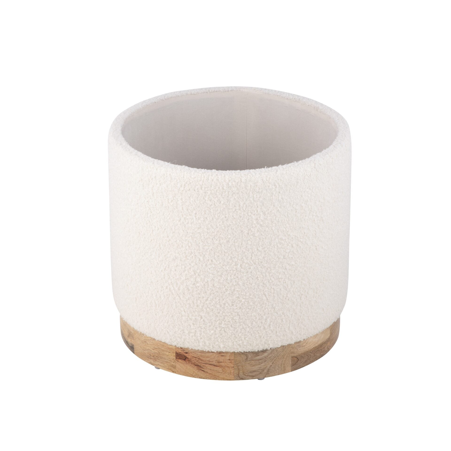 Modern Ecru Solid Handwoven Storage Ottoman with Rounded Wooden Base