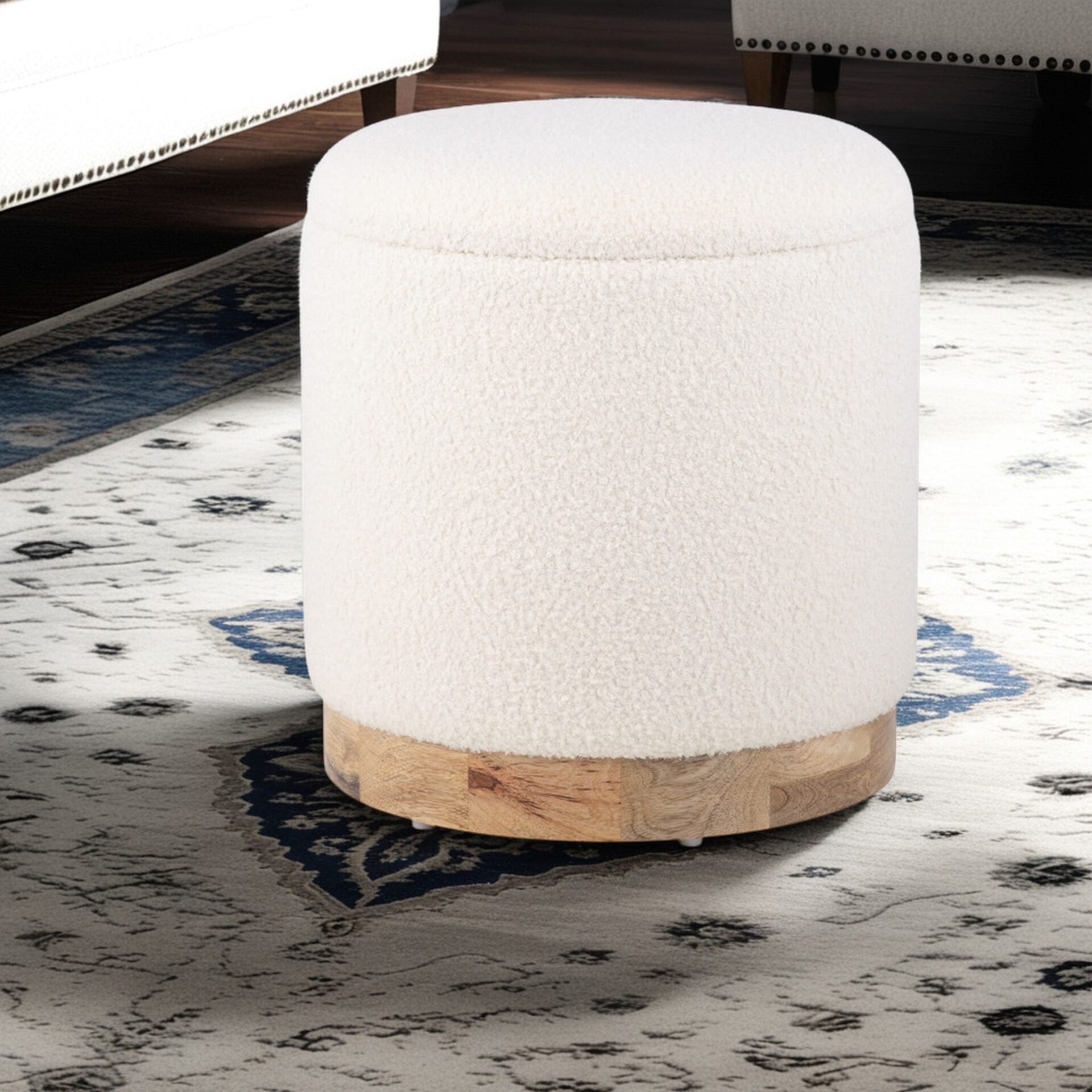 Modern Ecru Solid Handwoven Storage Ottoman with Rounded Wooden Base