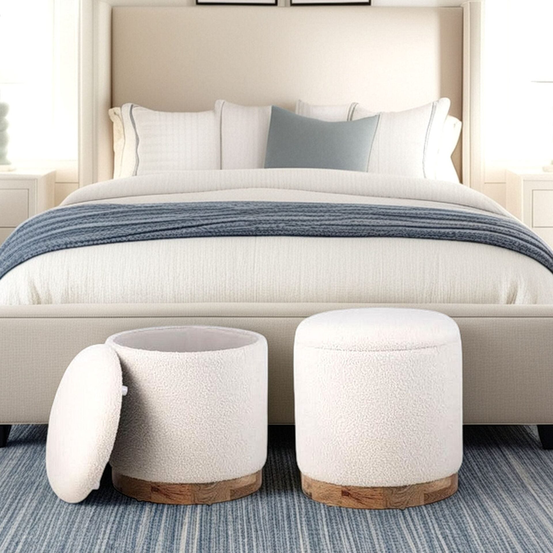 Modern Ecru Solid Handwoven Storage Ottoman with Rounded Wooden Base