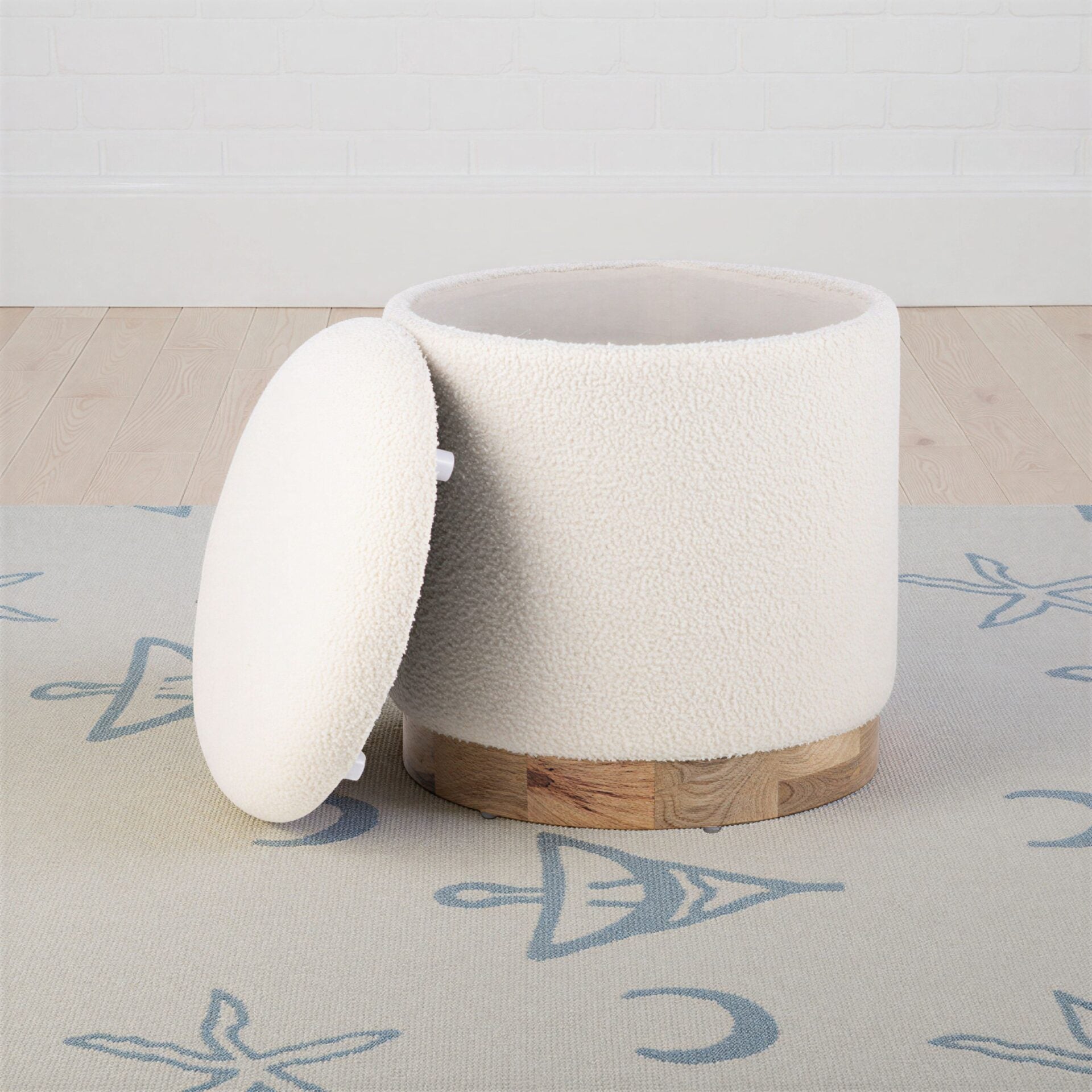 Modern Ecru Solid Handwoven Storage Ottoman with Rounded Wooden Base