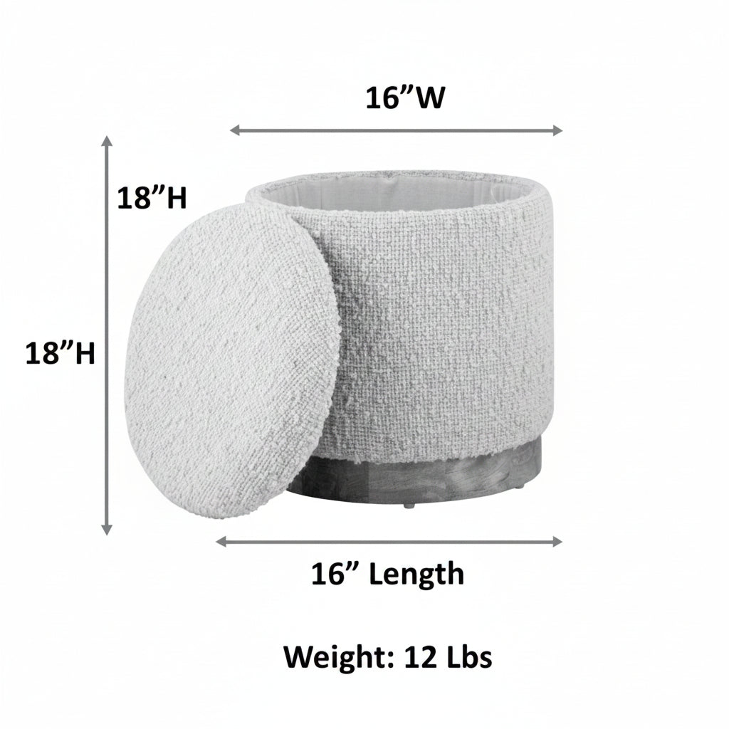 Ecru Solid Handwoven Storage Ottoman with Rounded Wooden Base