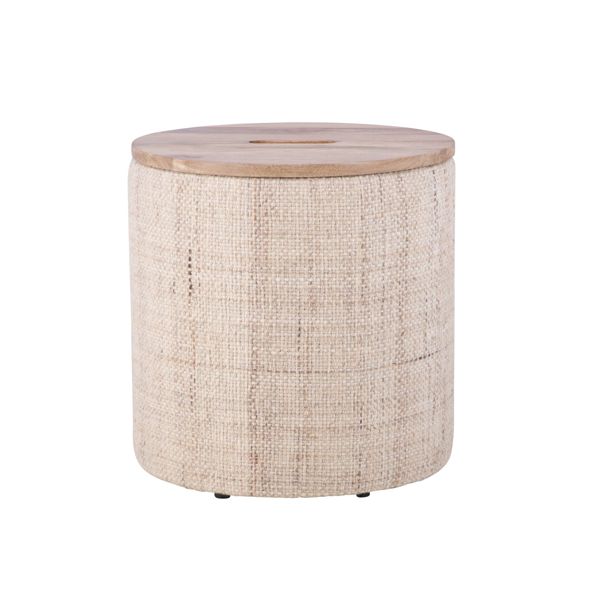 Beige Solid Handwoven Storage Ottoman with Rounded Wooden Top Lid