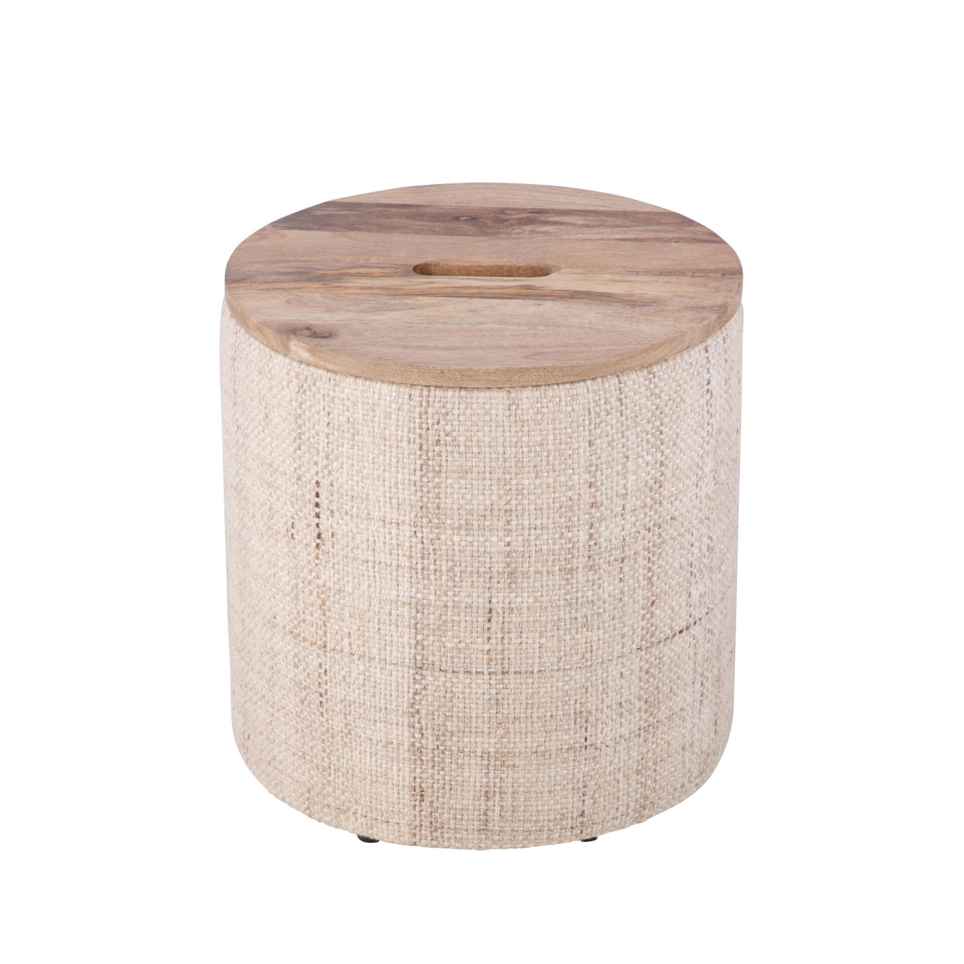 Beige Solid Handwoven Storage Ottoman with Rounded Wooden Top Lid