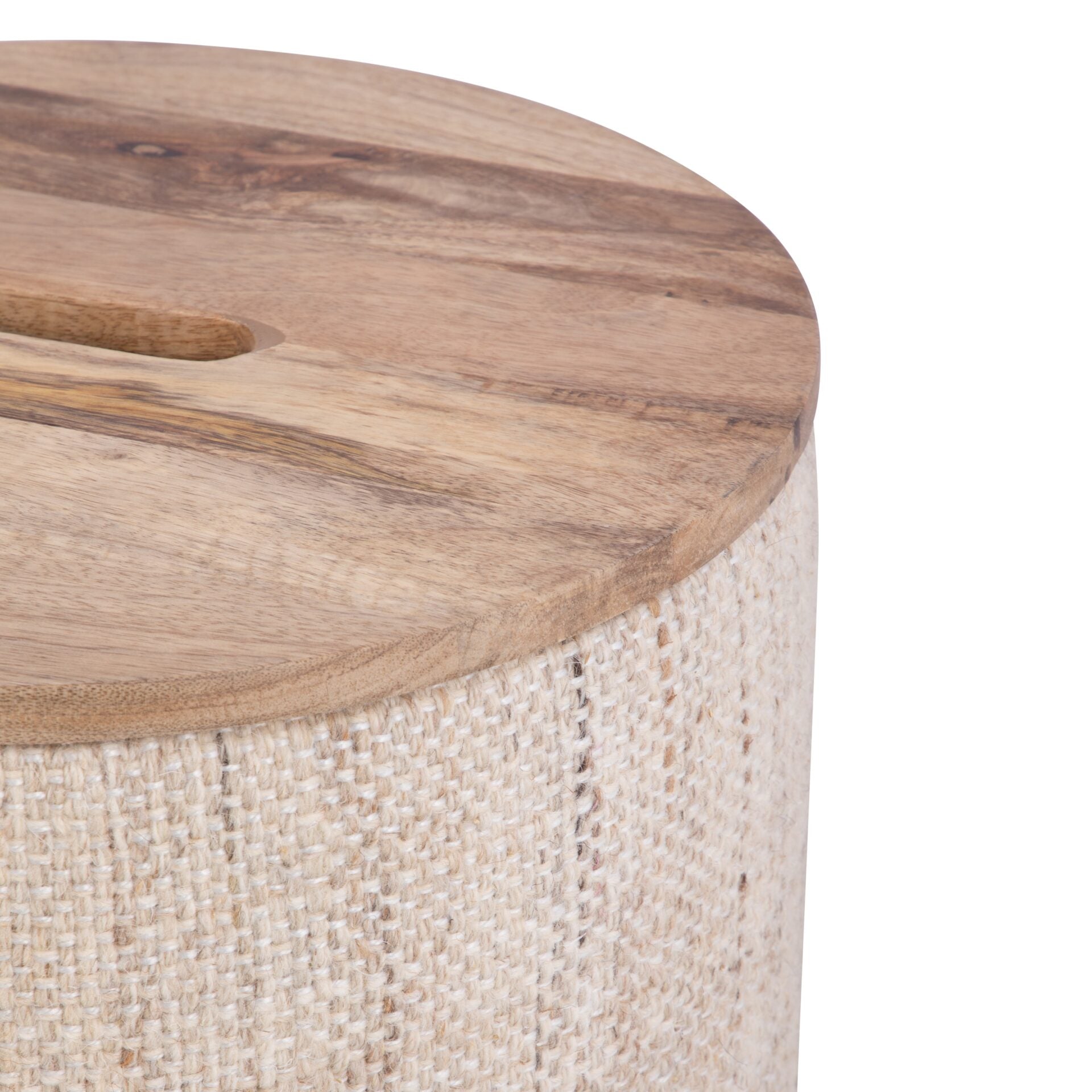 Beige Solid Handwoven Storage Ottoman with Rounded Wooden Top Lid