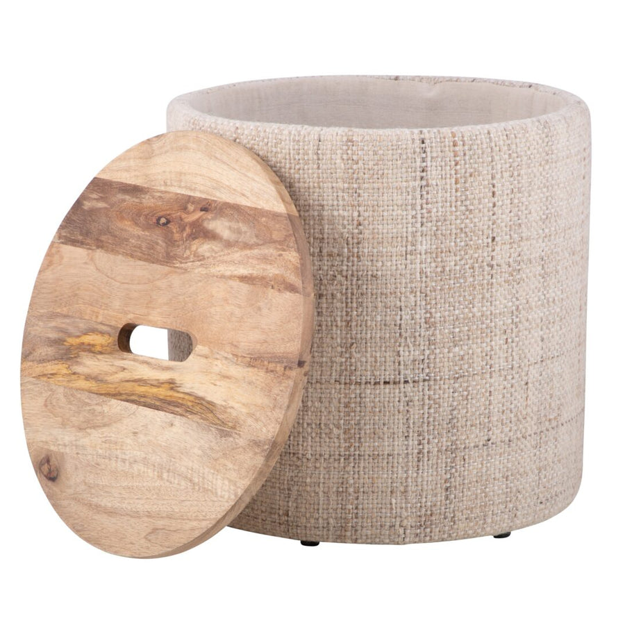 Beige Solid Handwoven Storage Ottoman with Rounded Wooden Top Lid