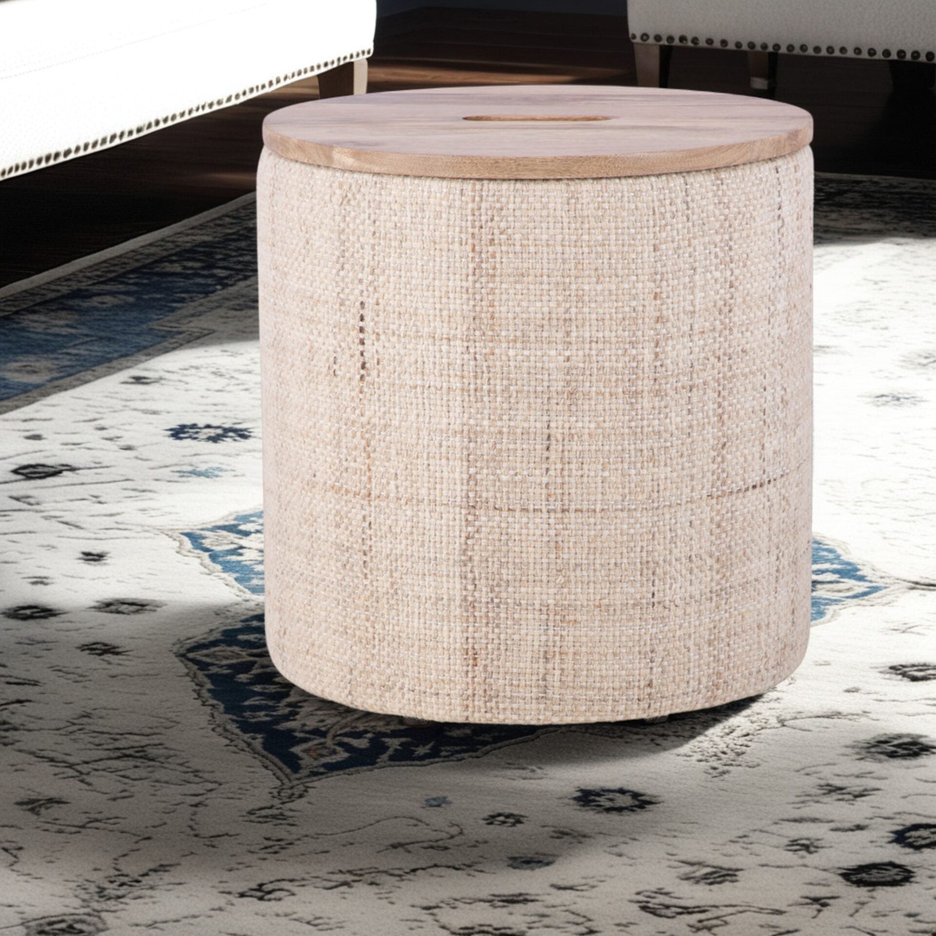 Beige Solid Handwoven Storage Ottoman with Rounded Wooden Top Lid