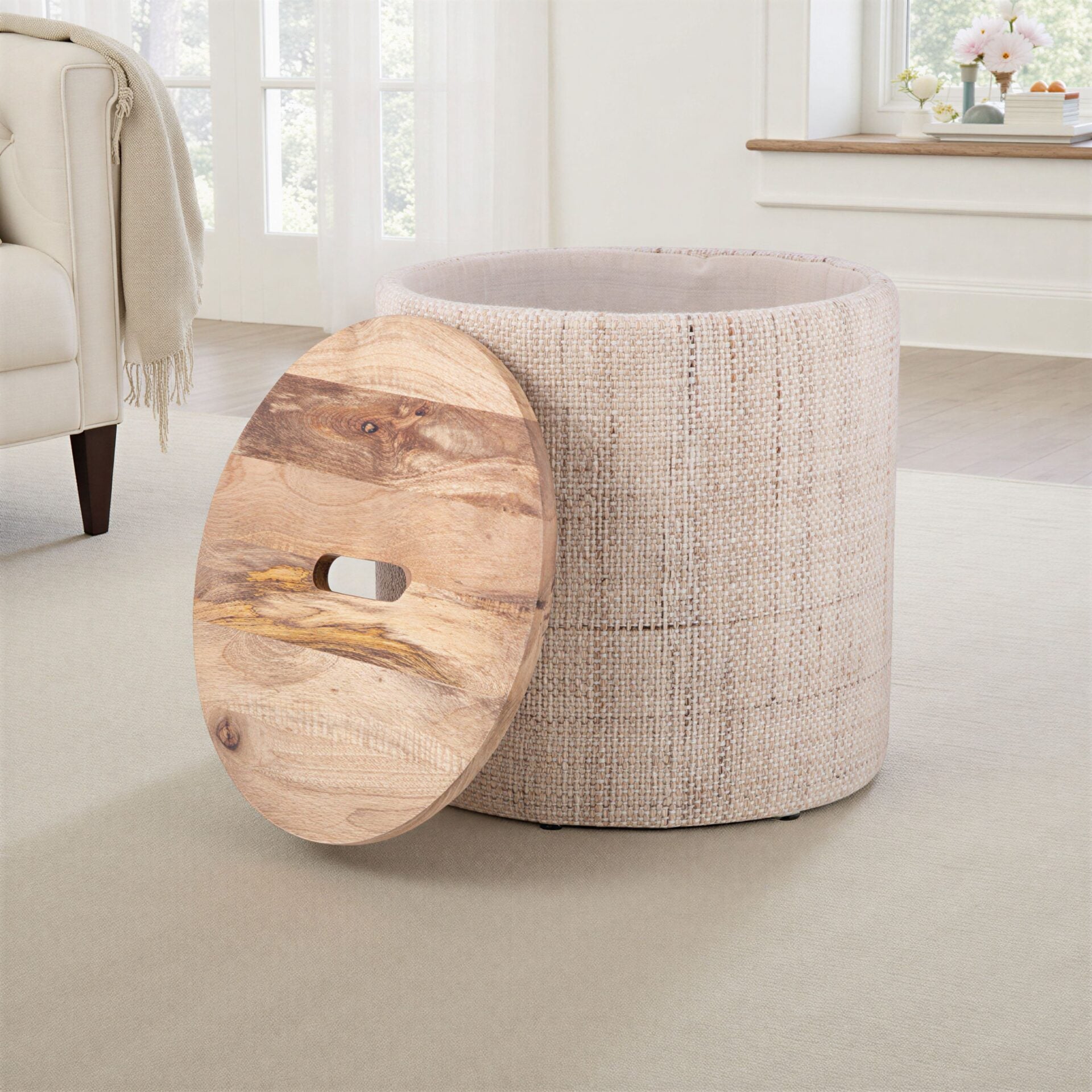 Beige Solid Handwoven Storage Ottoman with Rounded Wooden Top Lid