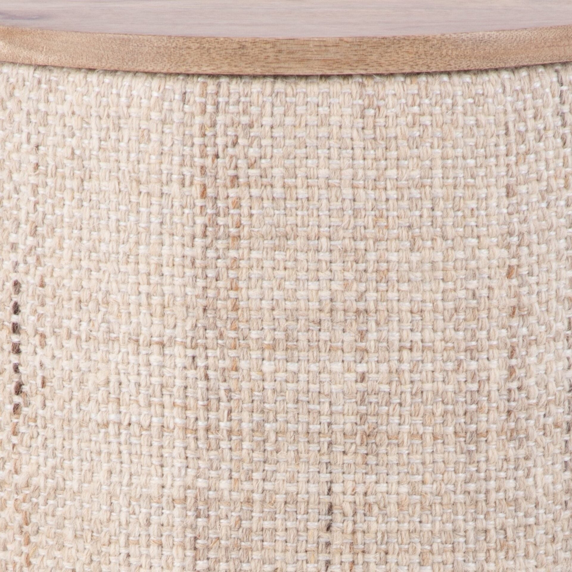 Beige Solid Handwoven Storage Ottoman with Rounded Wooden Top Lid
