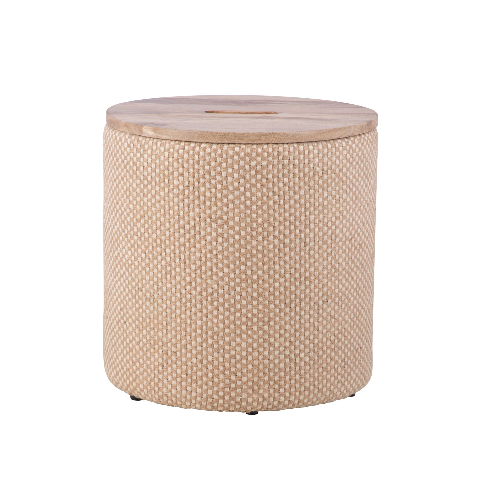 Natural Spotted Handwoven Storage Ottoman with Rounded Wooden Top Lid
