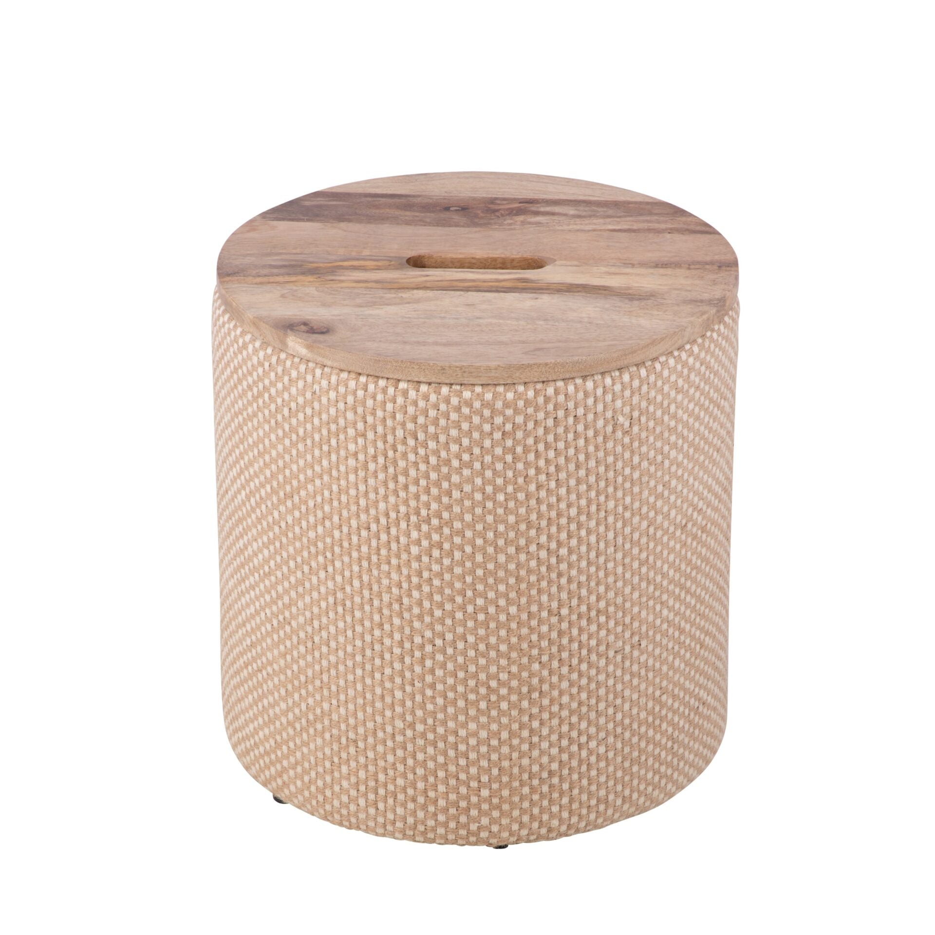 Natural Spotted Handwoven Storage Ottoman with Rounded Wooden Top Lid