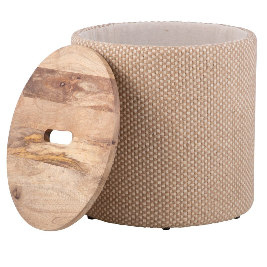 Natural Spotted Handwoven Storage Ottoman with Rounded Wooden Top Lid