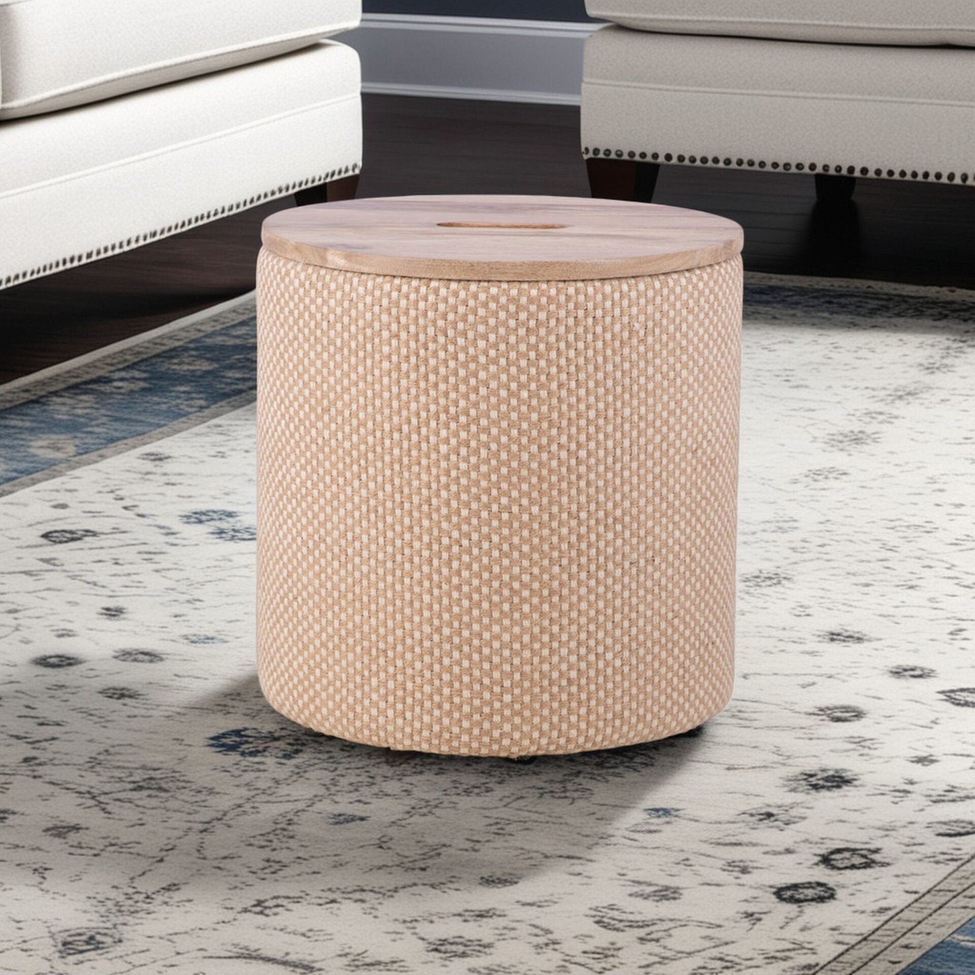 Natural Spotted Handwoven Storage Ottoman with Rounded Wooden Top Lid