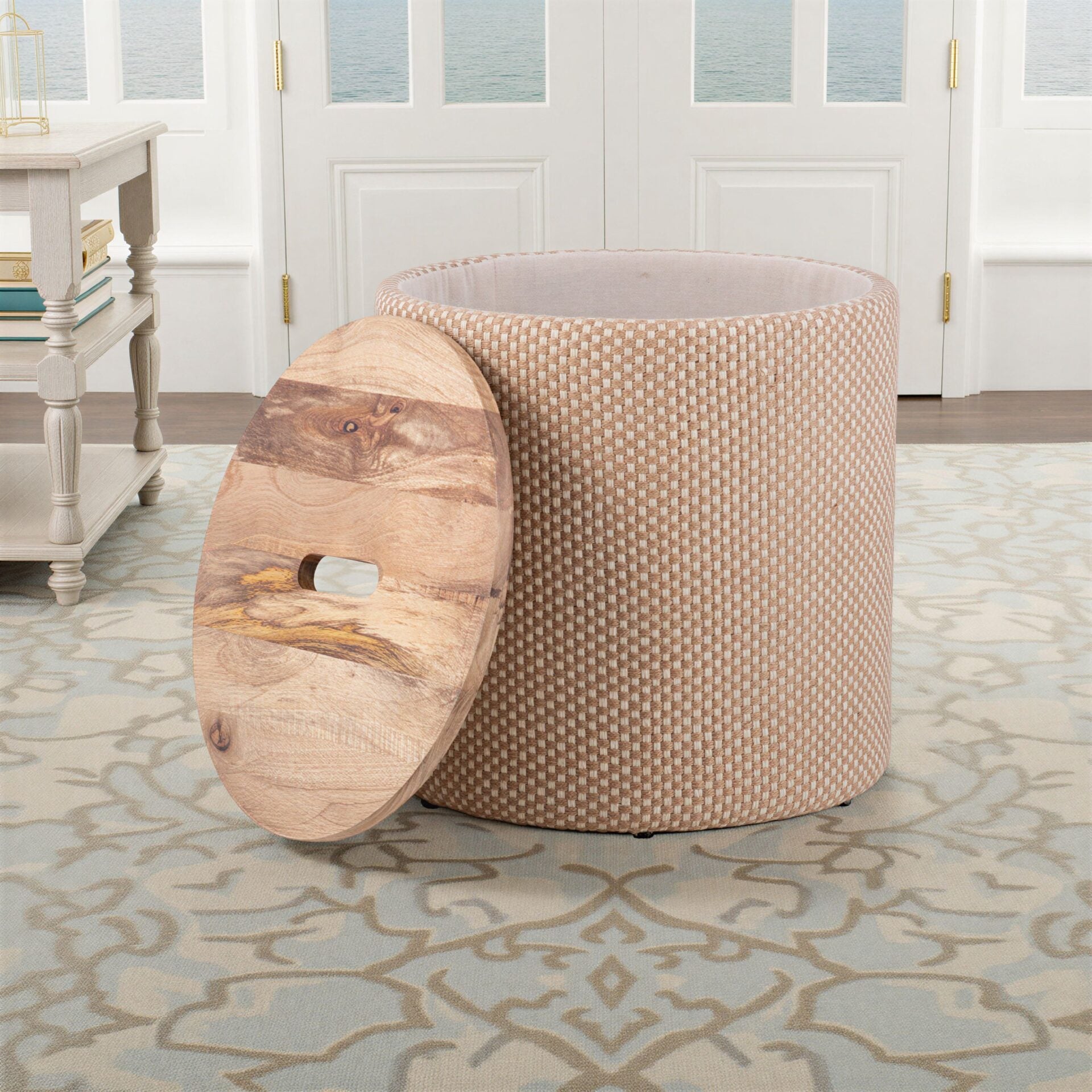 Natural Spotted Handwoven Storage Ottoman with Rounded Wooden Top Lid