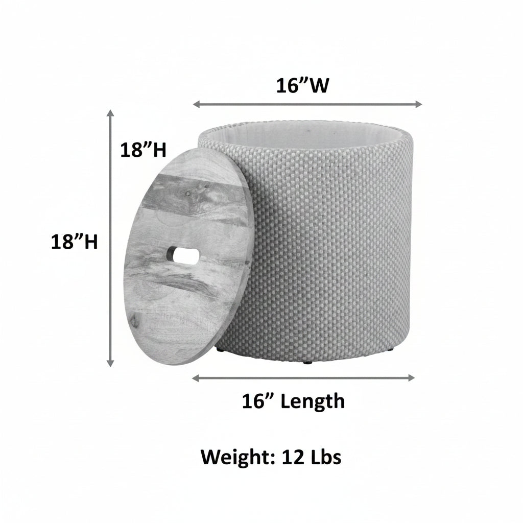 Beige Solid Handwoven Storage Ottoman with Rounded Wooden Top Lid