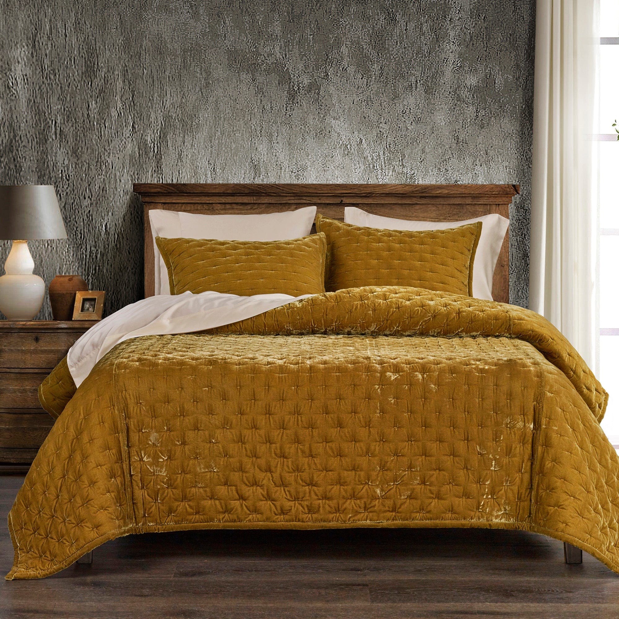 Stella Faux Silk Velvet Pintuck Quilt Set