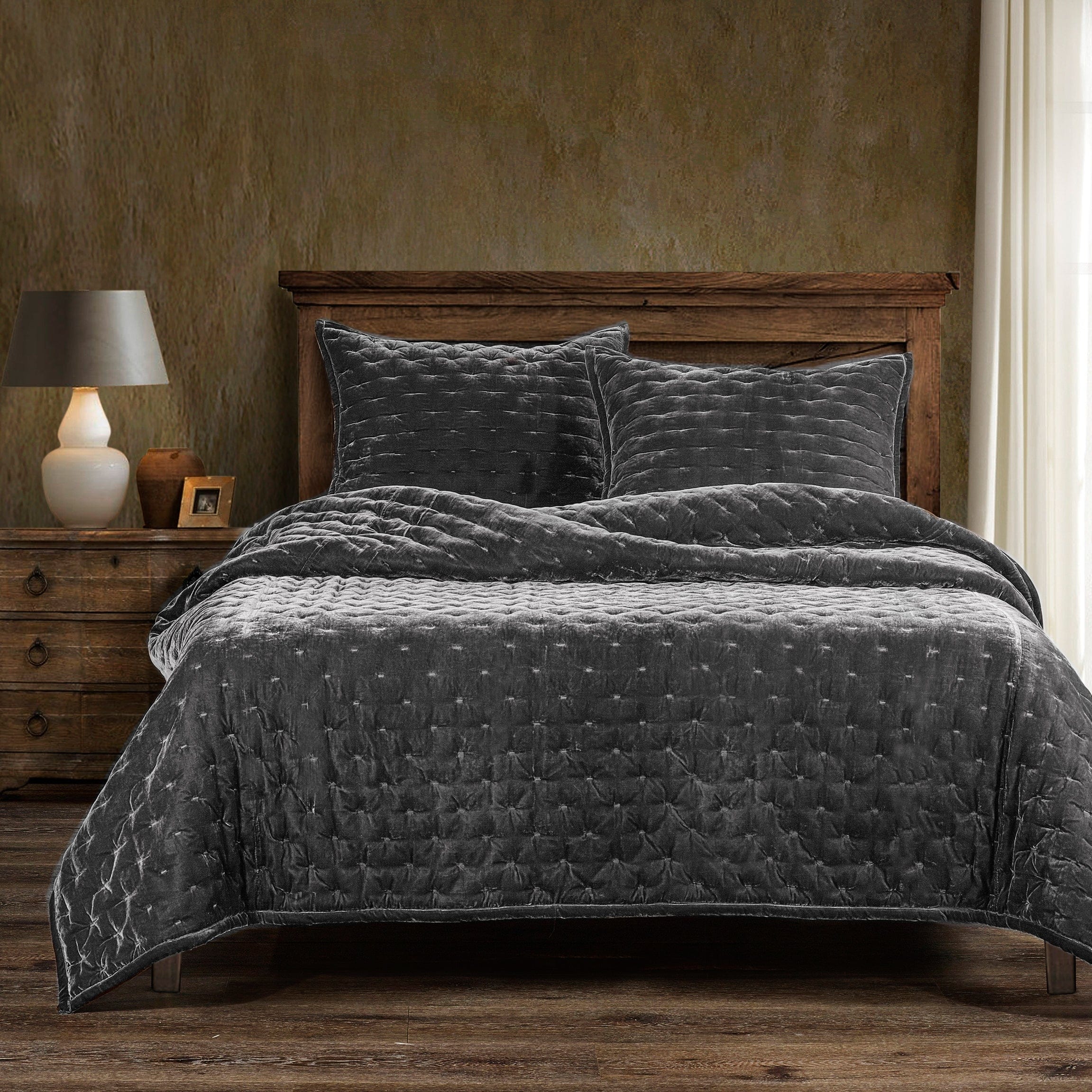 Stella Faux Silk Velvet Pintuck Quilt Set