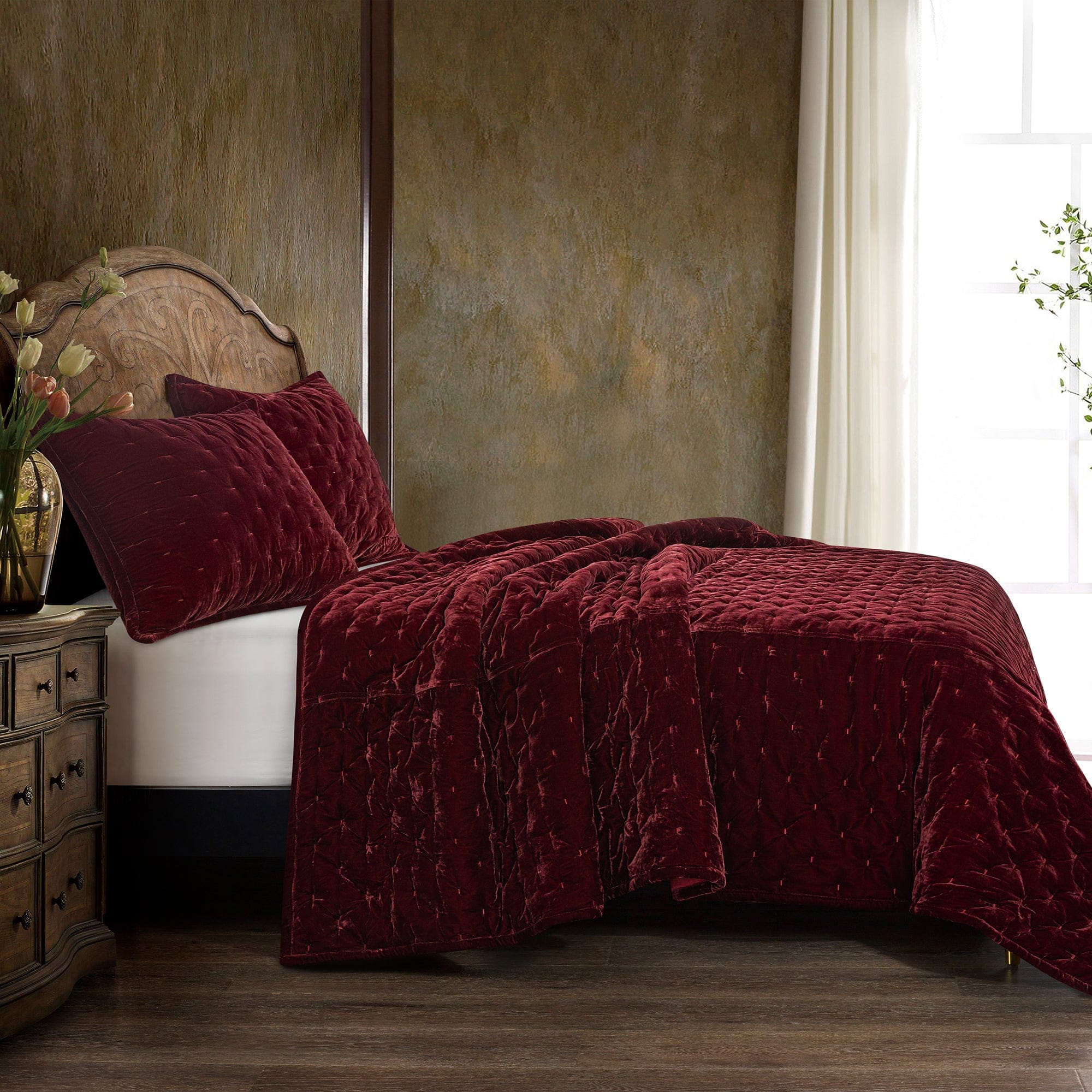 Stella Faux Silk Velvet Pintuck Quilt Set