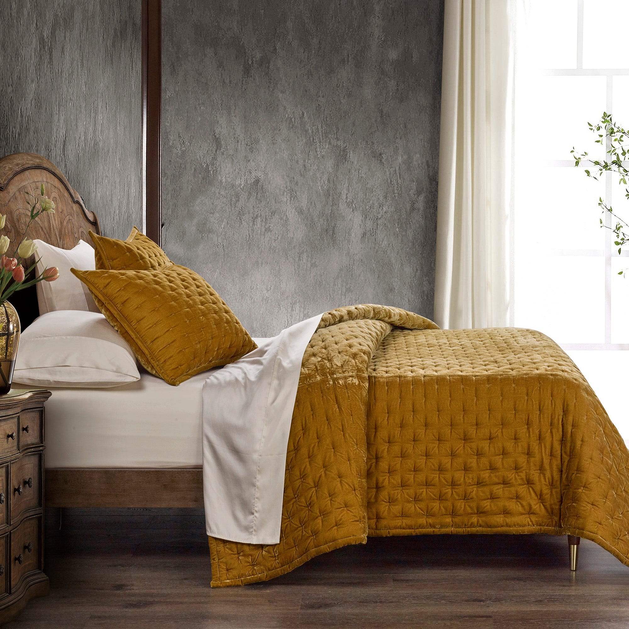 Stella Faux Silk Velvet Pintuck Quilt Set