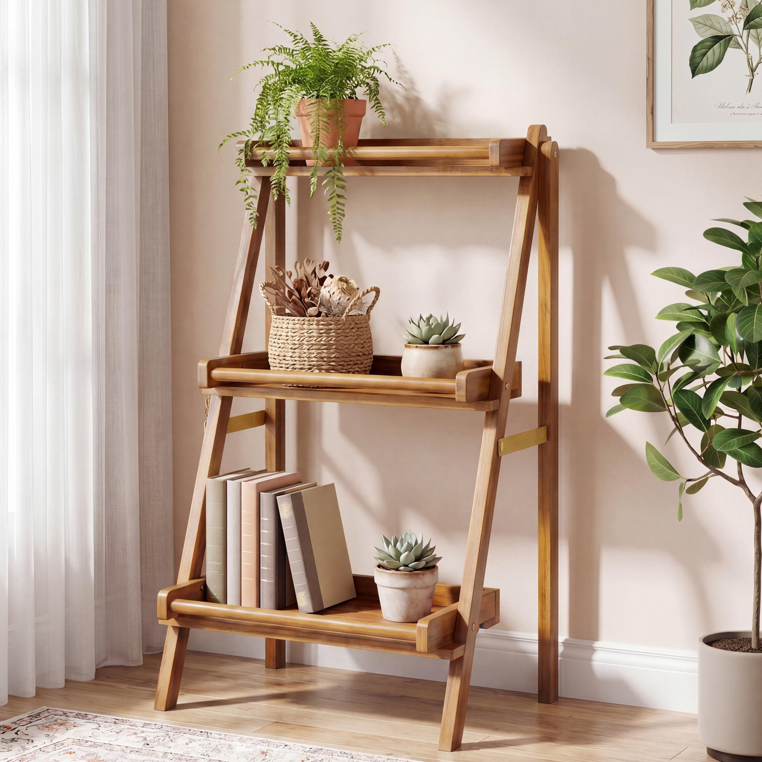 Hollis 3-Tier Acacia Wood Indoor/Outdoor Foldable Ladder Plant Stand Display